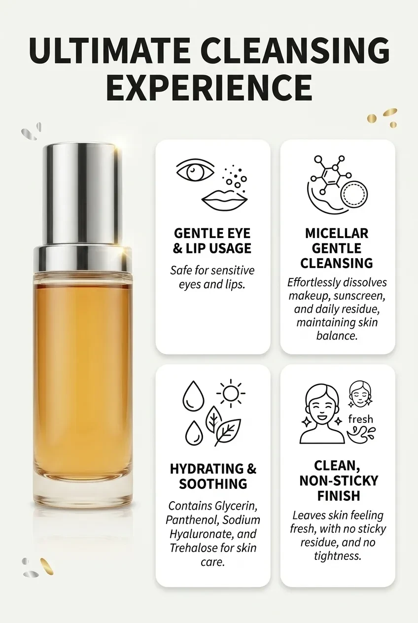 Ultimate cleansing experience graphic with four benefit cards for eye and lip use, micellar cleansing, hydration and a non-sticky finish