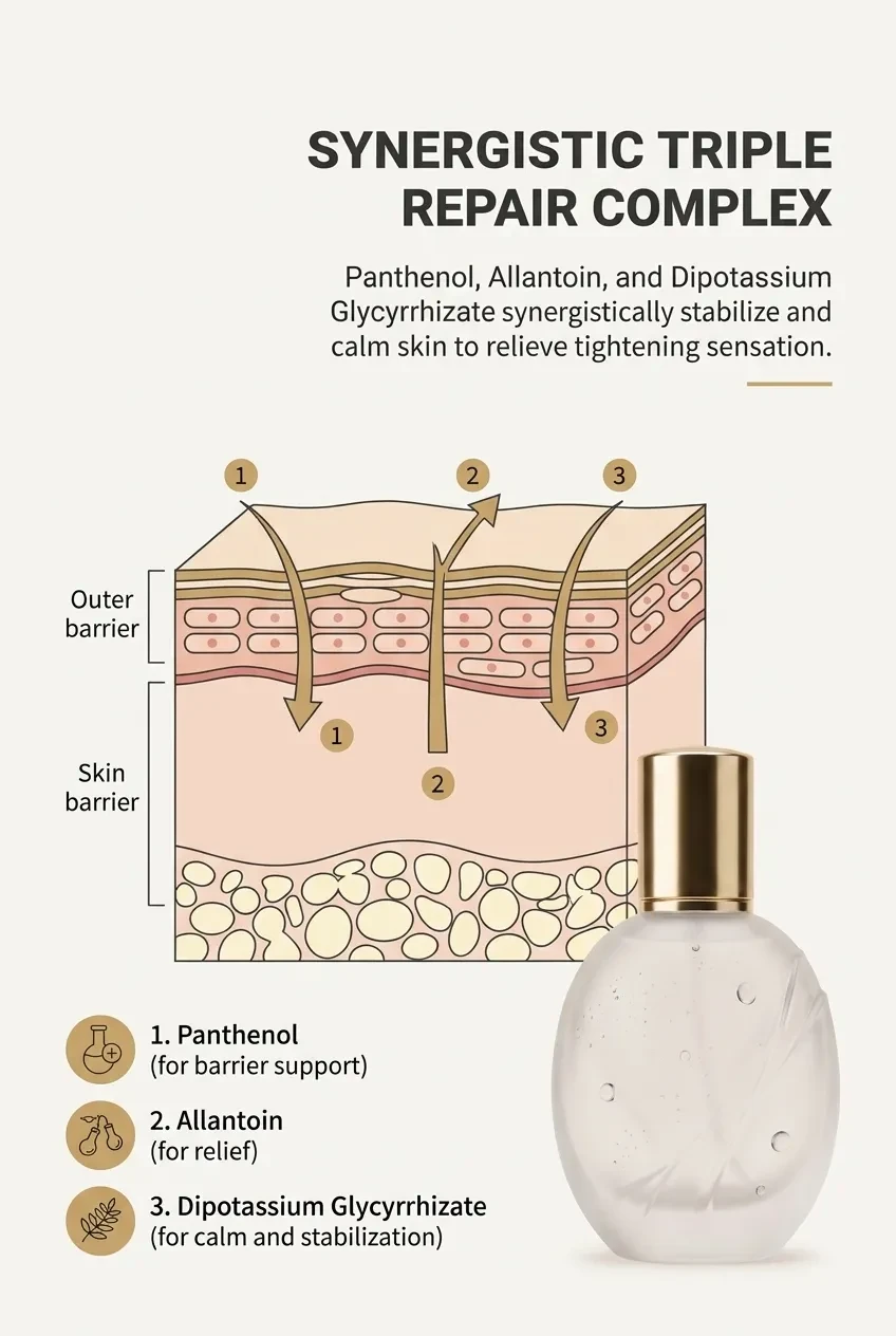 Synergistic triple repair complex diagram showing panthenol, allantoin and dipotassium glycyrrhizate across the skin barrier