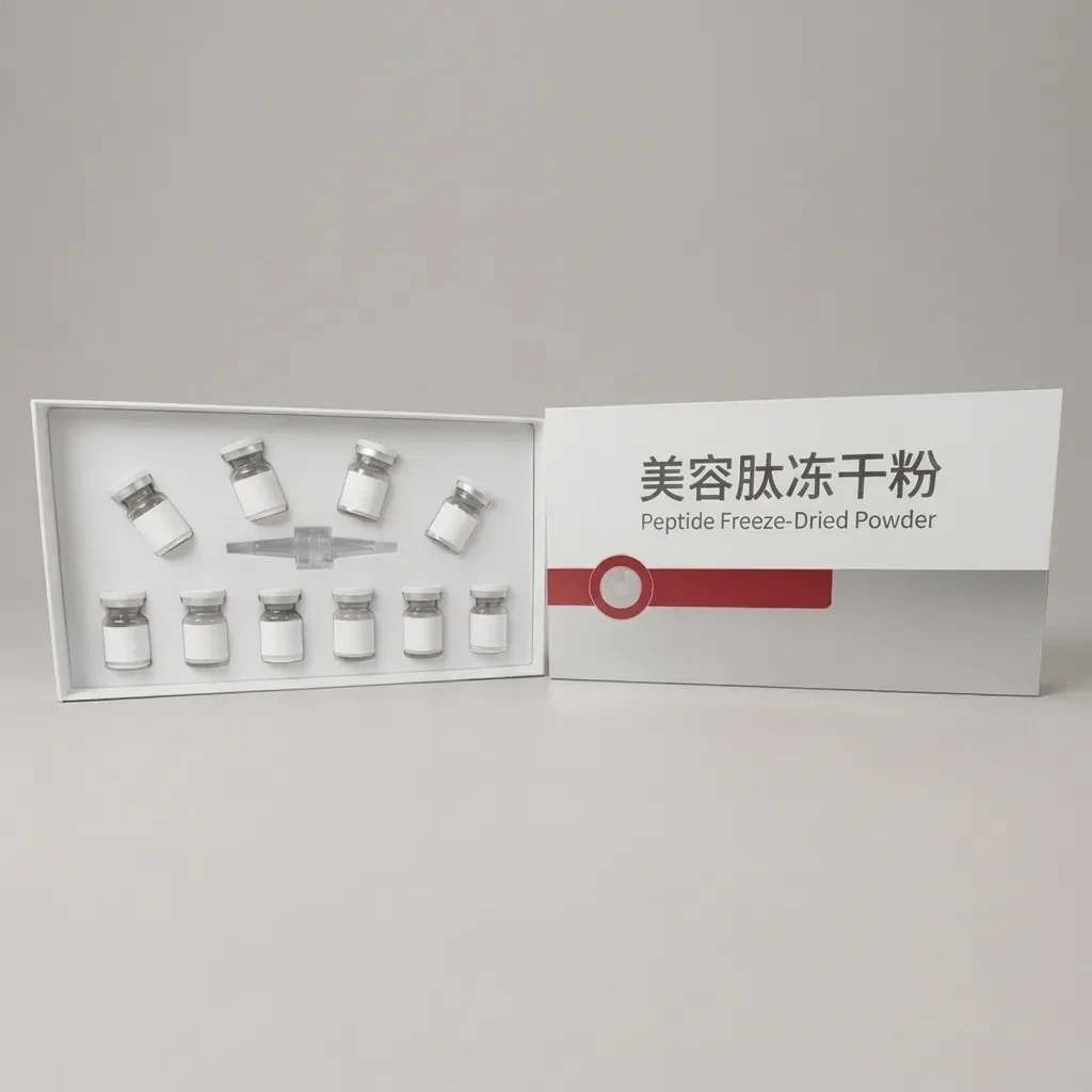 Peptide freeze-dried powder set with an open box of powder vials and an activating dropper