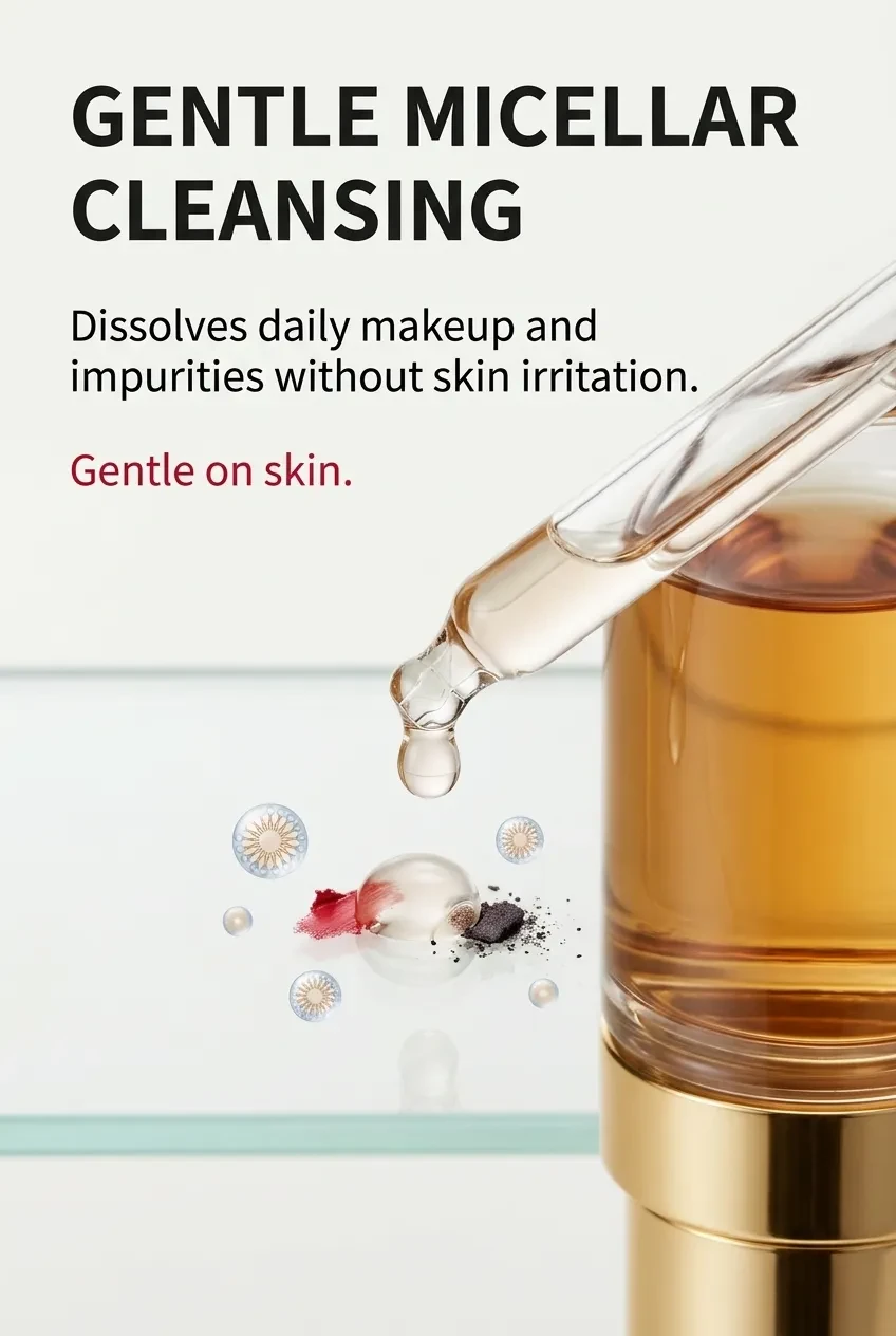 Gentle micellar cleansing graphic showing makeup and impurities dissolving without irritation