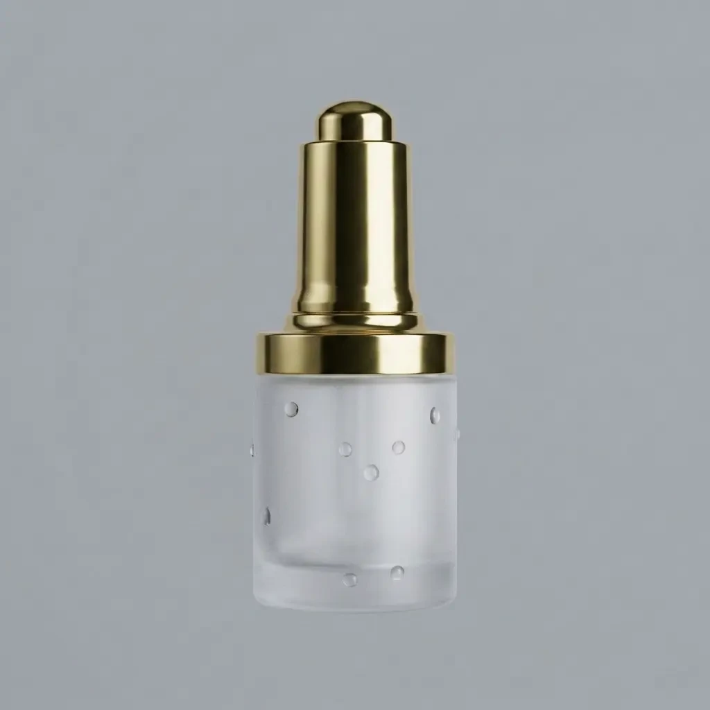 Frosted glass dropper bottle with a brushed gold cap on a grey background