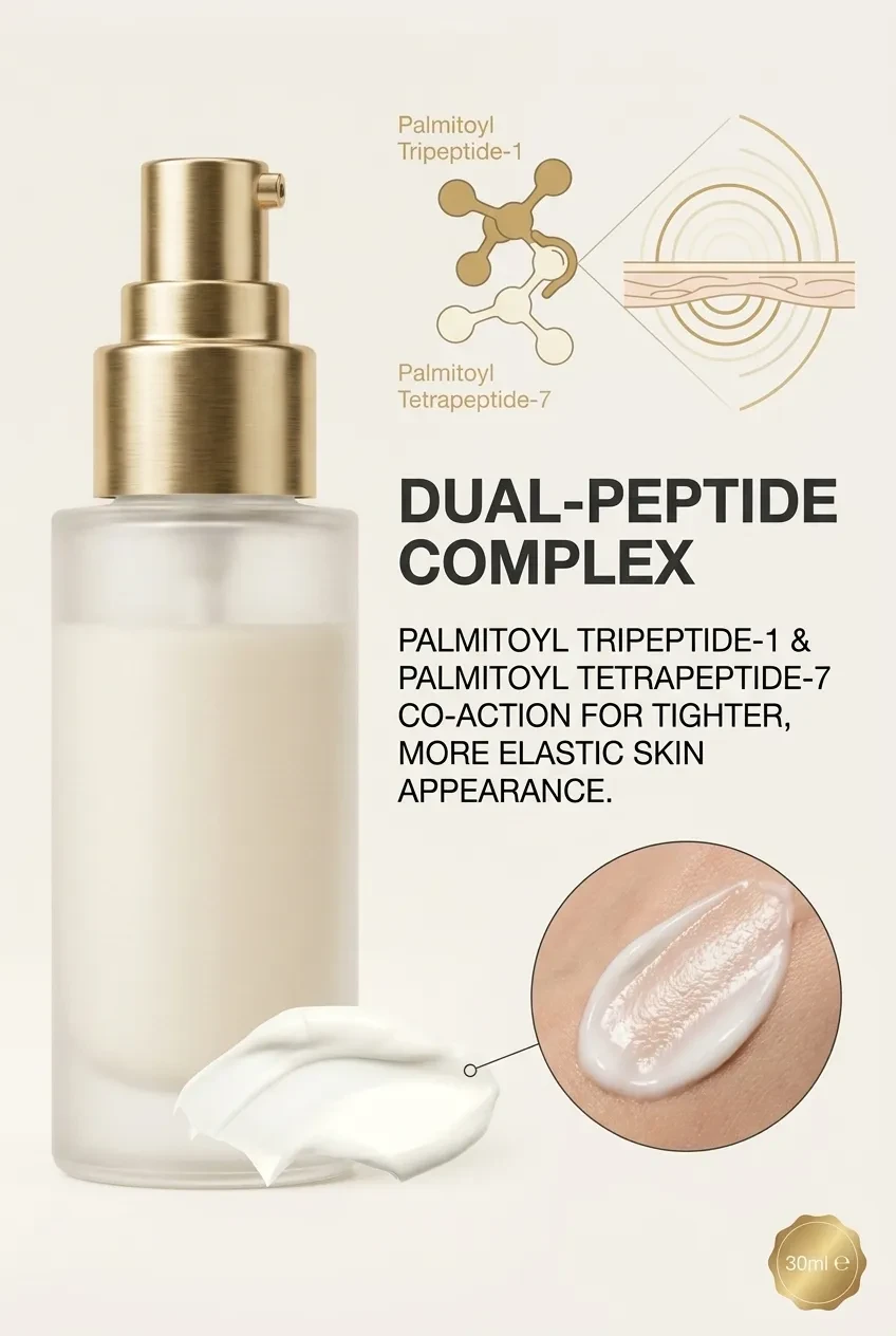 Dual-peptide complex graphic showing palmitoyl tripeptide-1 and palmitoyl tetrapeptide-7 with the bottle and a skin swatch