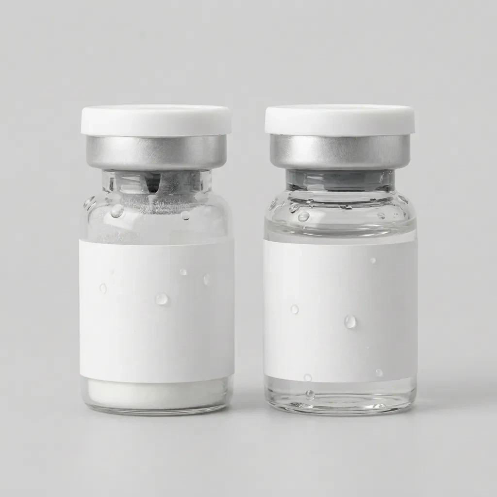 Two clear glass vials with silver caps and water droplets, one holding freeze-dried powder and one with the clear solution