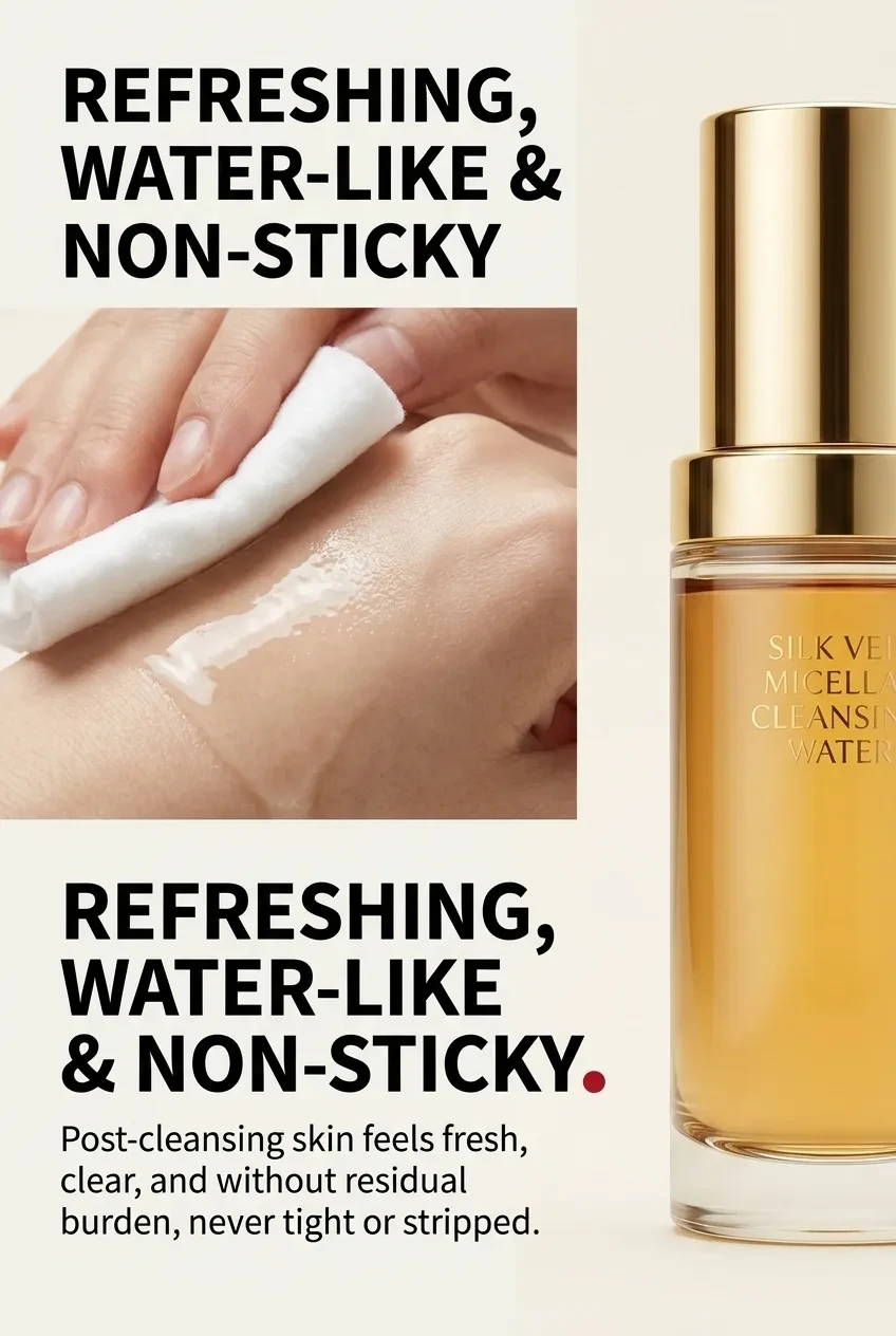 Refreshing water-like non-sticky graphic showing a cotton pad wiping the skin beside the bottle