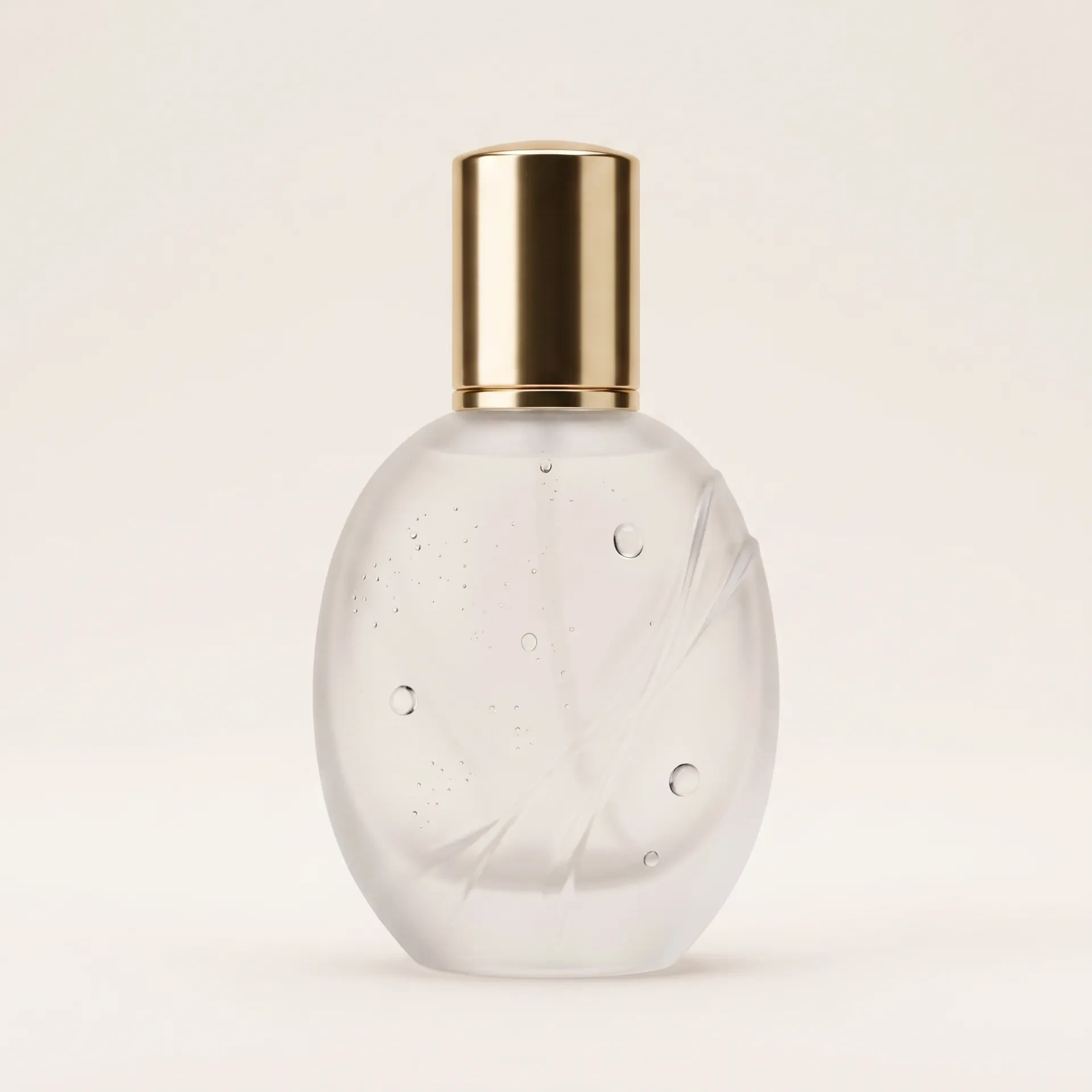 Frosted glass dropper bottle with a polished gold cap on a cream background