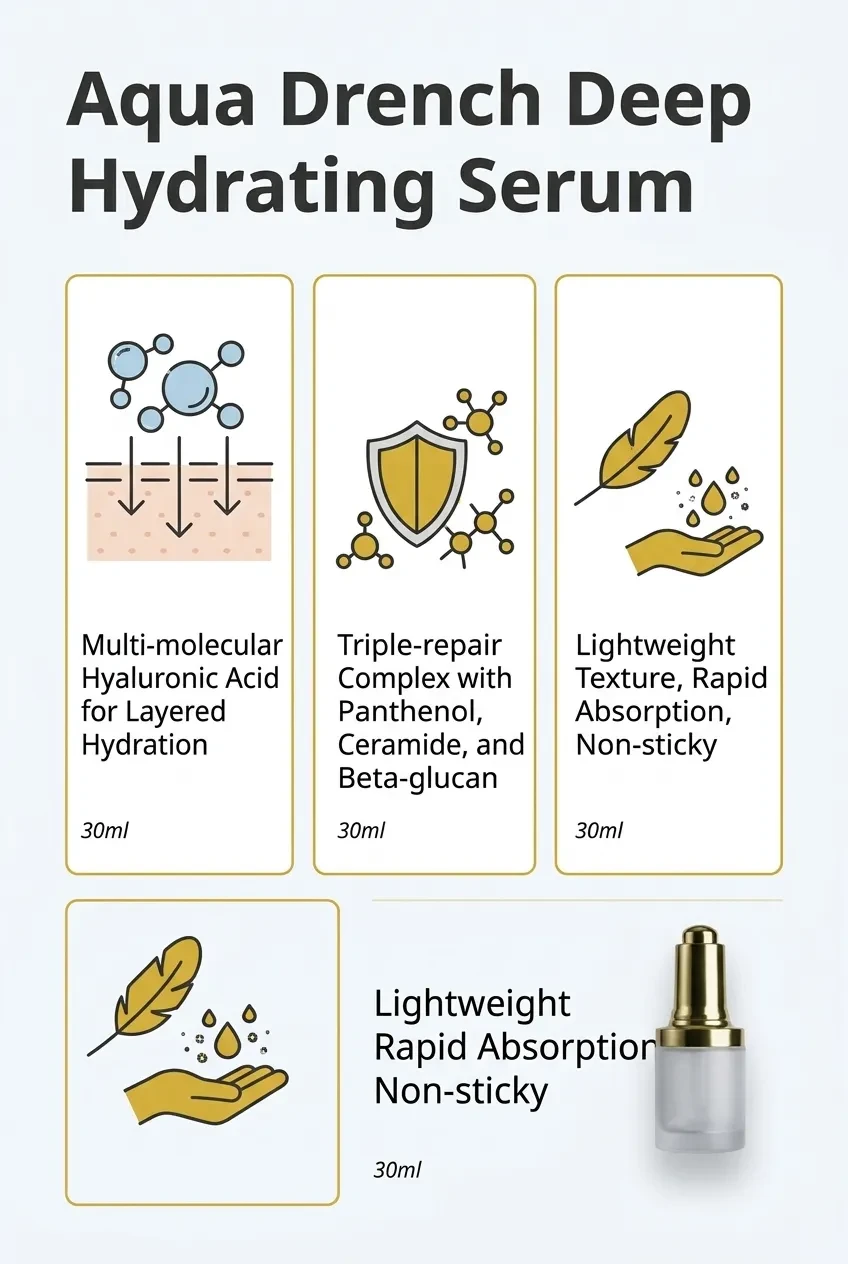 Aqua Drench Deep Hydrating Serum feature graphic with icon cards for hydration, repair and lightweight texture