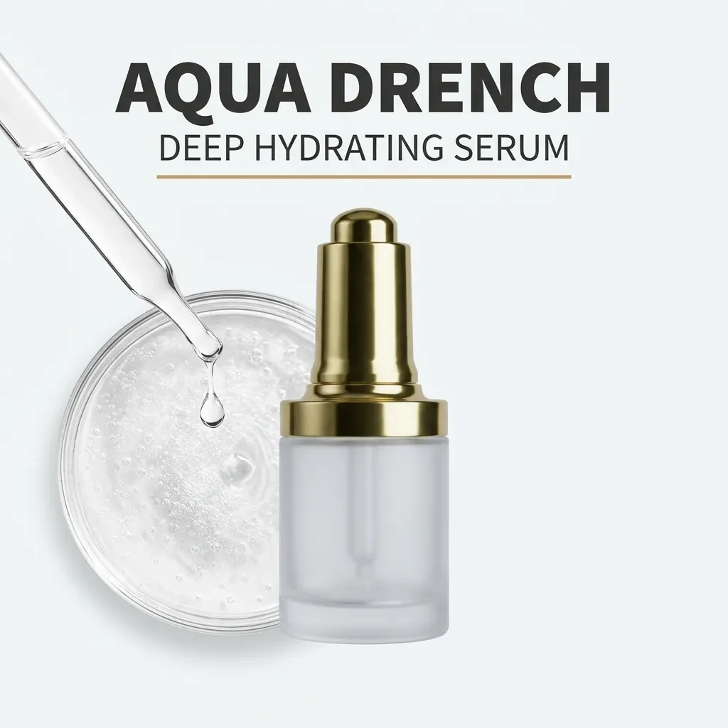 Aqua Drench Deep Hydrating Serum frosted glass dropper bottle with a gold cap beside a petri dish of clear serum