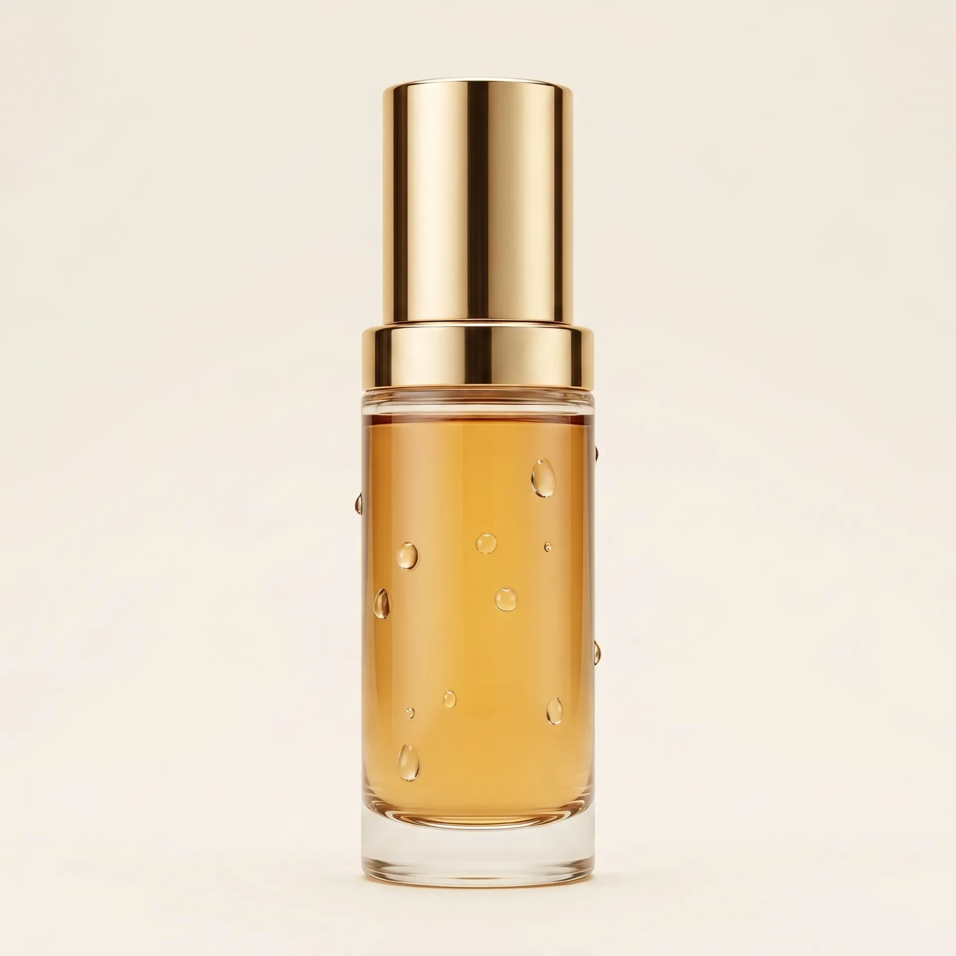 Gold-capped glass bottle of micellar cleansing water with water droplets on a cream background