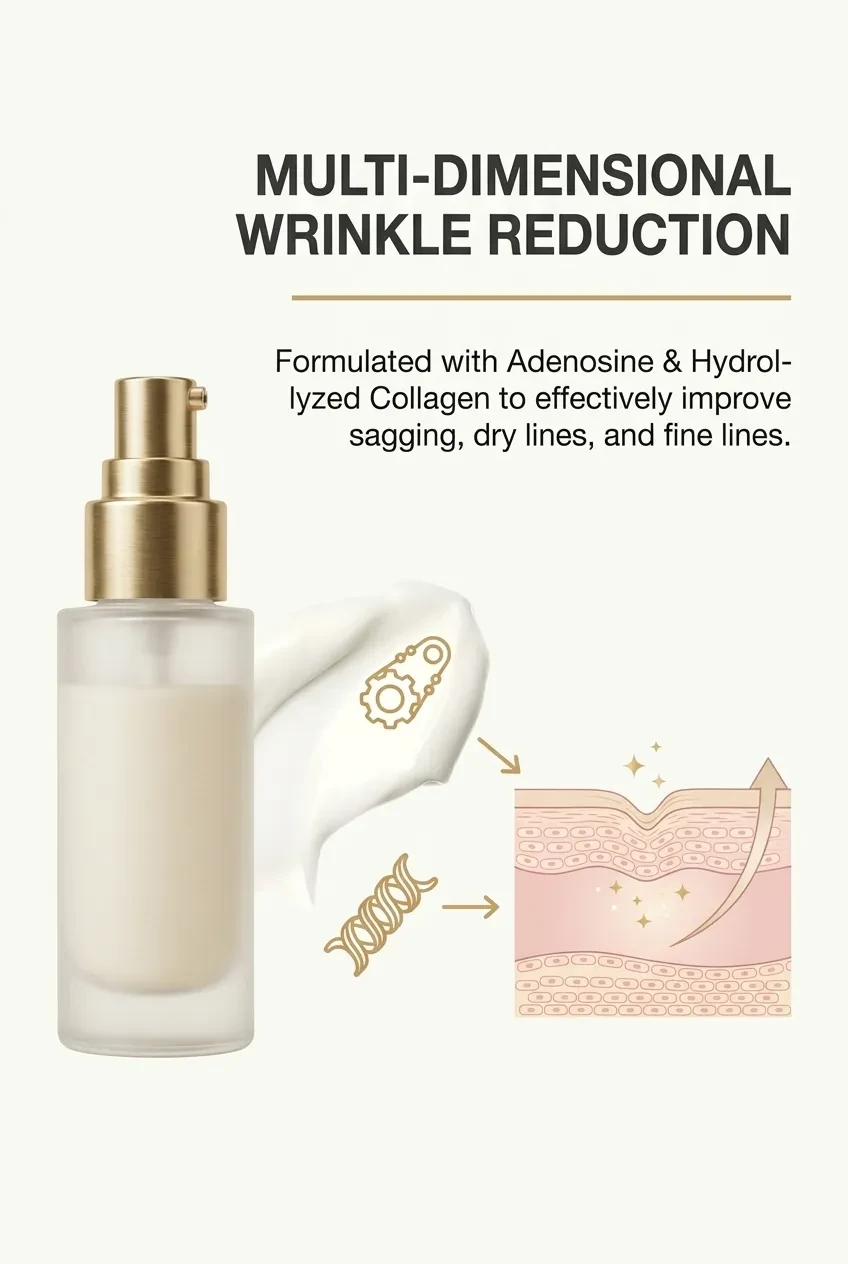 Multi-dimensional wrinkle reduction graphic showing adenosine and hydrolyzed collagen acting on the skin layers