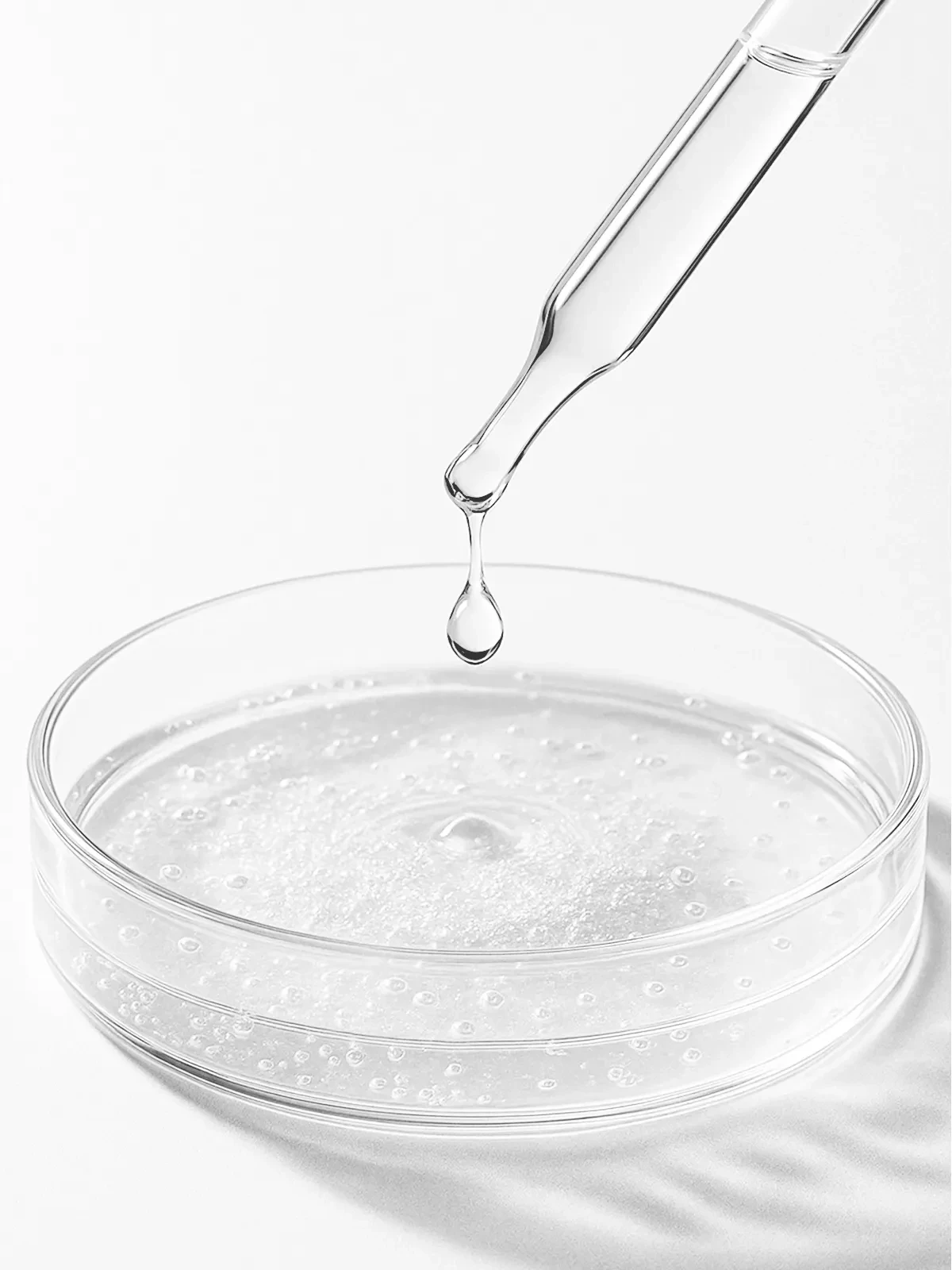 Glass dropper releasing a droplet of clear serum into a petri dish
