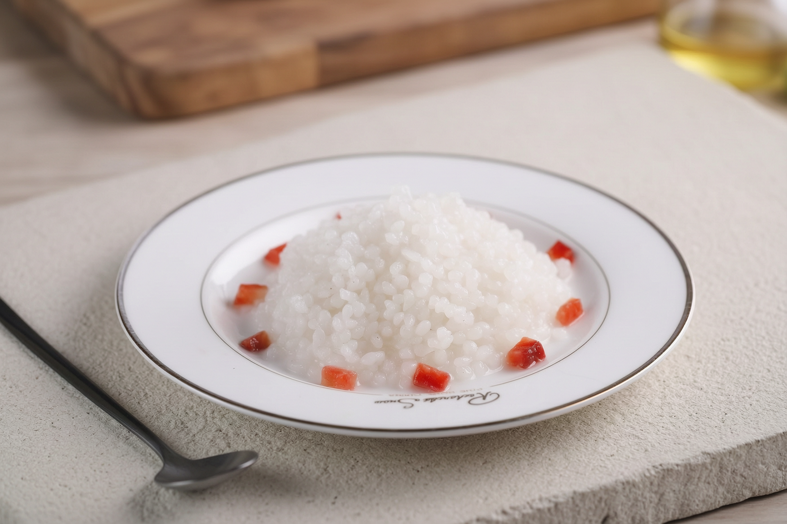 Konjac rice grains in a white bowl, natural light