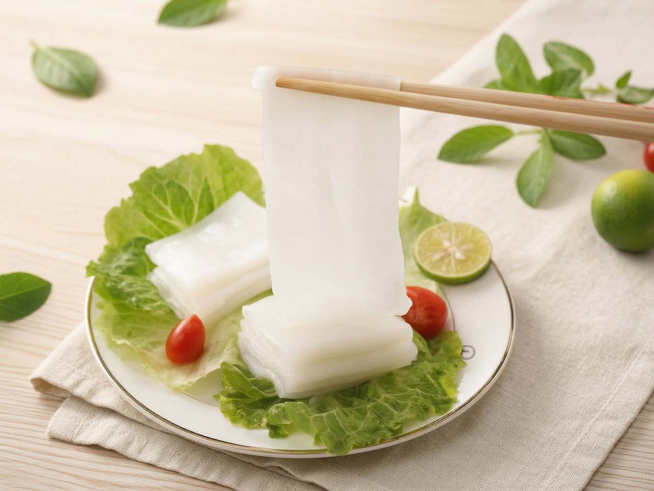 Konjac lasagne sheets layered on a white plate