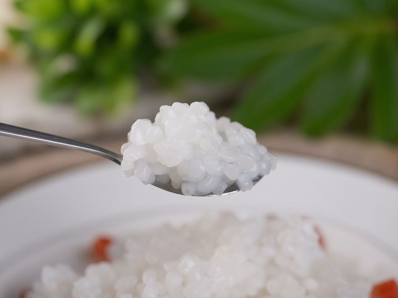 Organic konjac couscous in a white bowl, small granular pieces