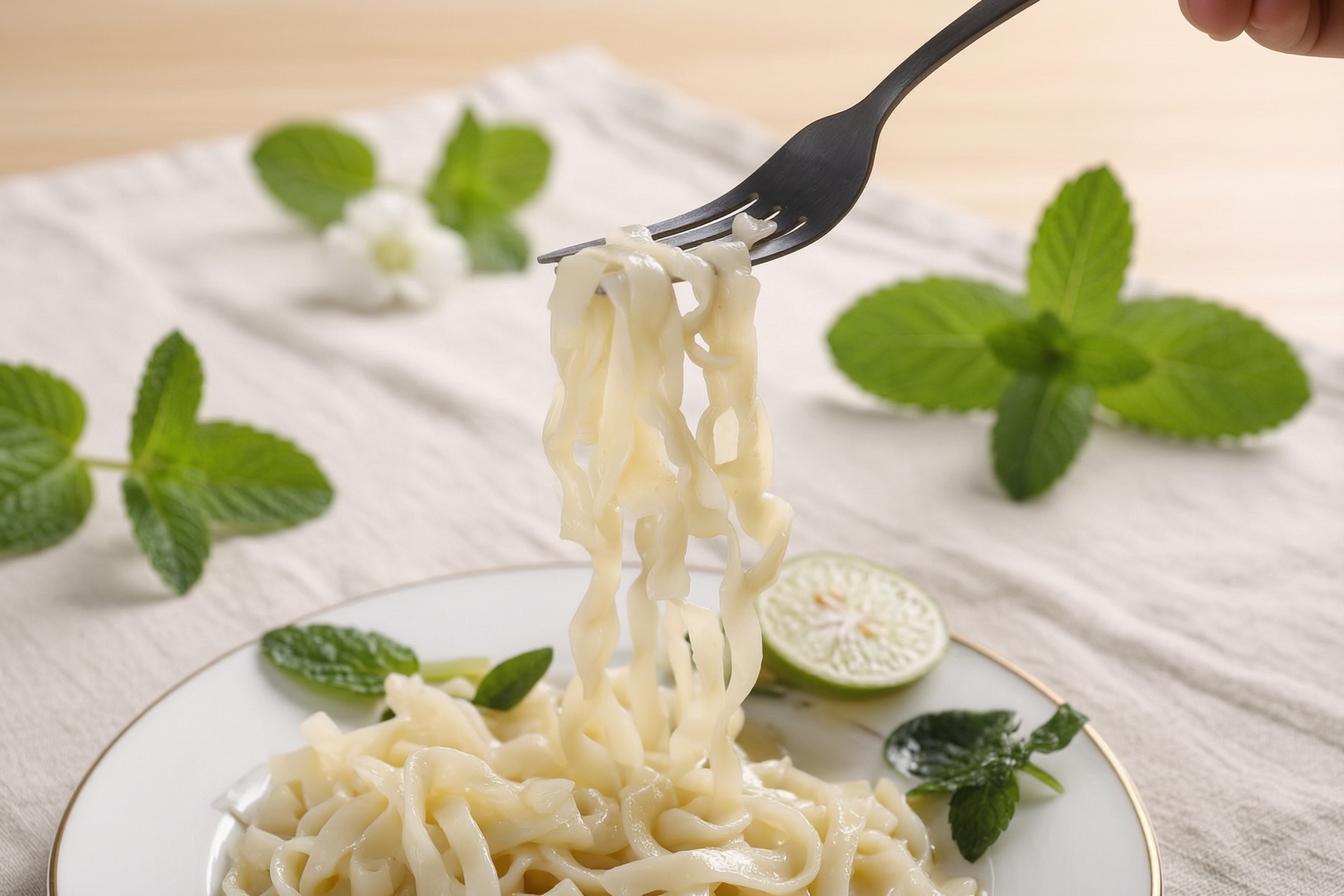 Oat konjac noodles on a white plate with green herbs