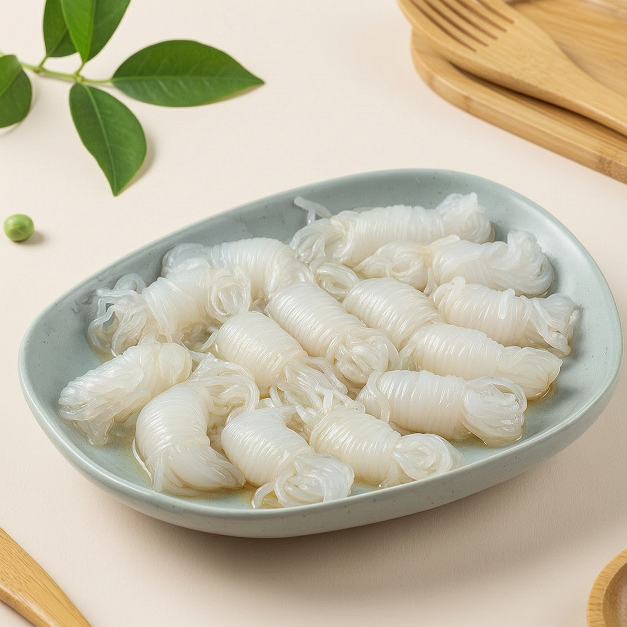 Konjac knots in a white bowl, tied noodle pieces