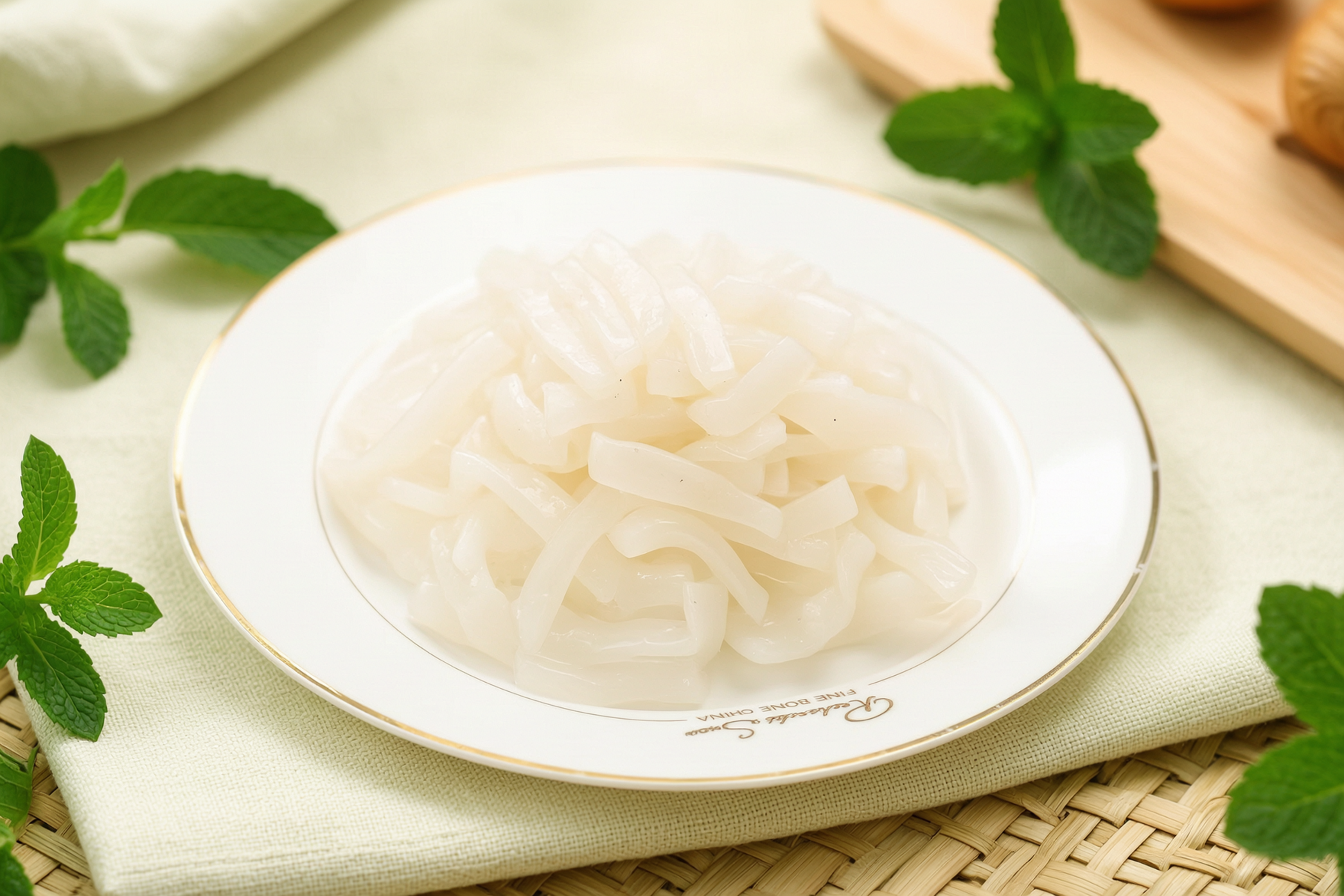 Konjac penne tubes on a white plate, short tube-shaped pasta
