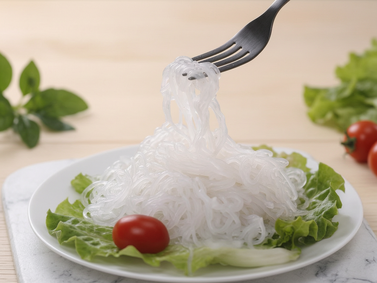 Thin konjac vermicelli noodles on a white plate with fresh herbs