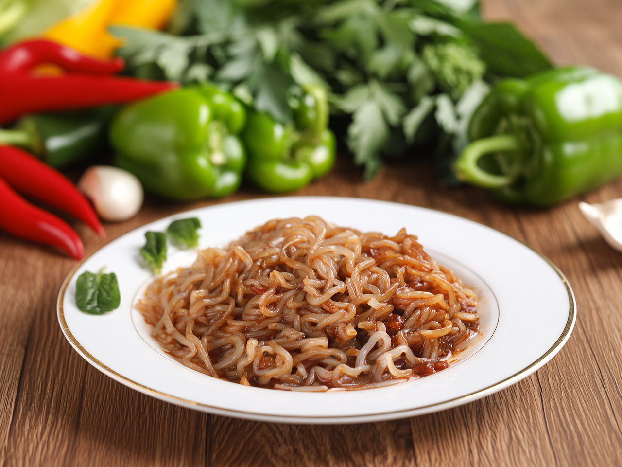 Spicy instant konjac noodles in a bowl with chili and red sauce