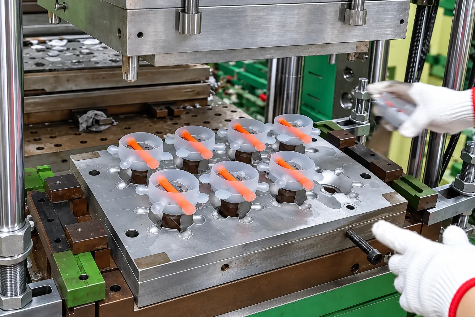 Silicone compression molding machine in operation