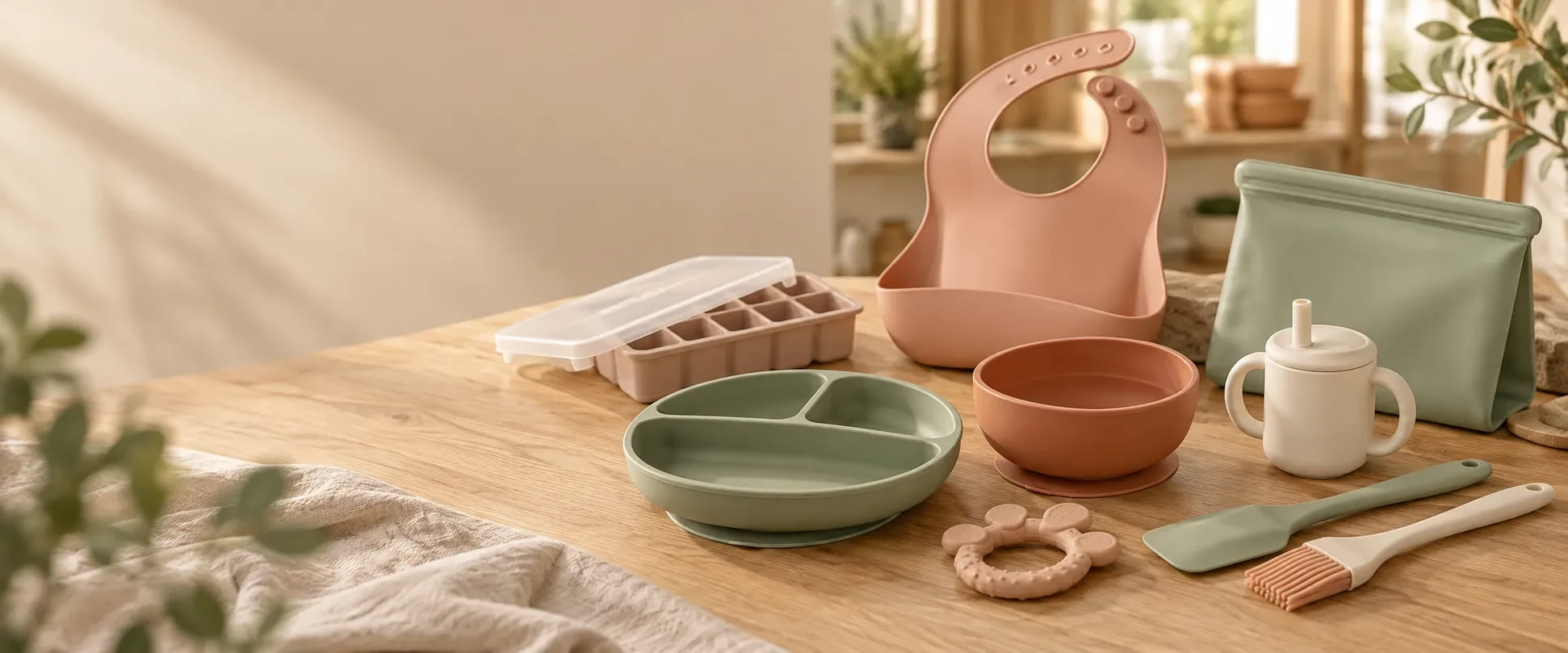 Silicone product samples including baby tableware and kitchen items
