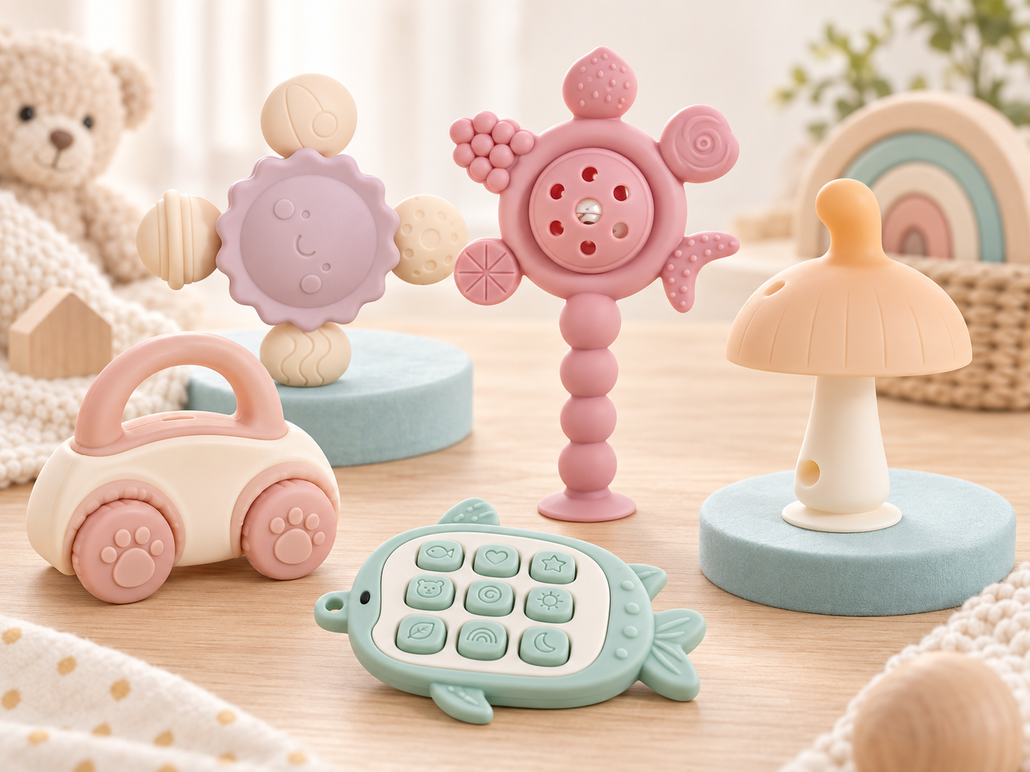 Silicone Baby Teethers, Rattles & Soothing Toys