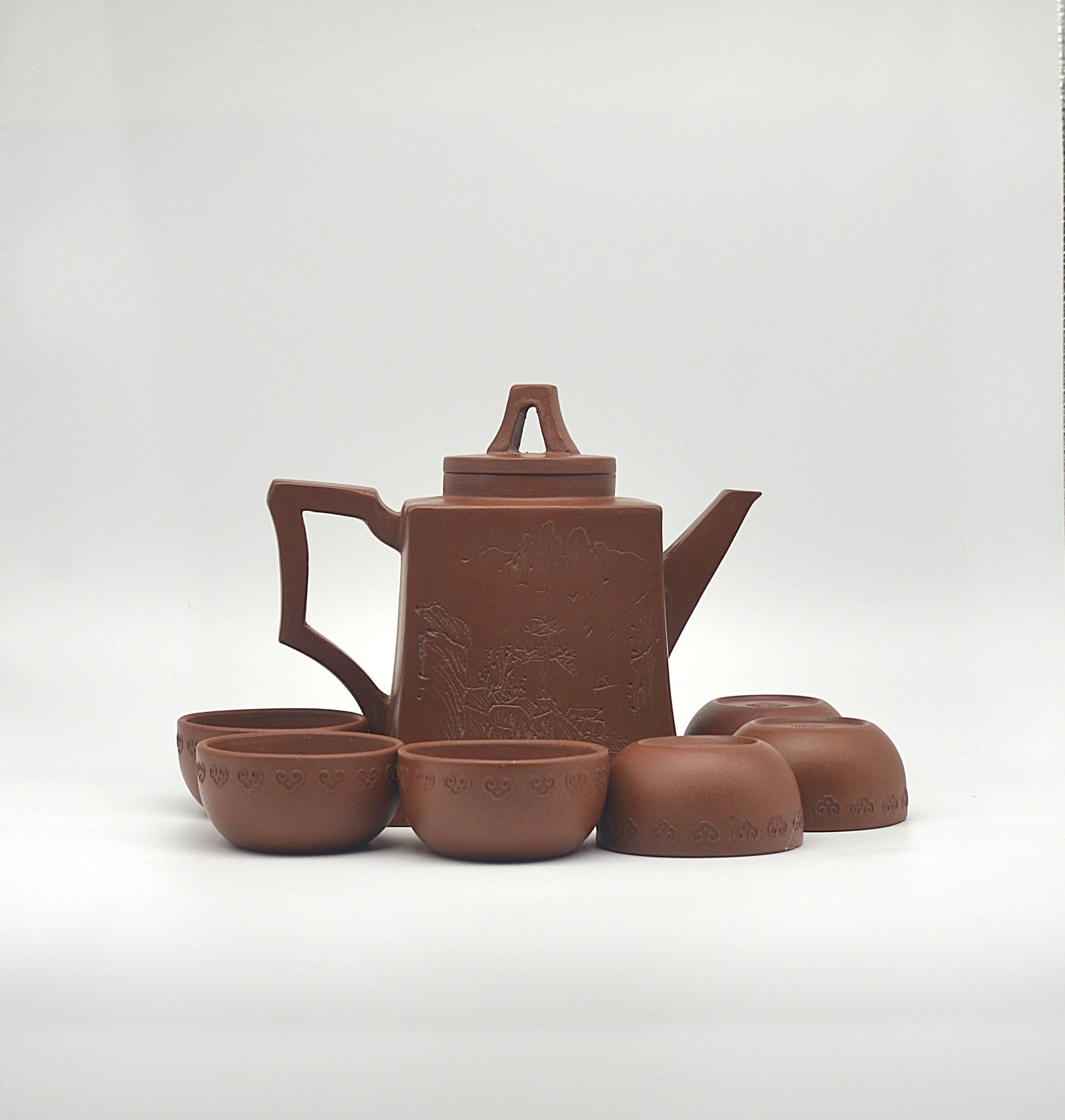 Gu Jingzhou Style Square Poetic Landscape Zisha Teapot Set (1 Pot, 6 Cups) Pot 13.5×16×5.5×10 cm | Cup 3×6×3.5 cm