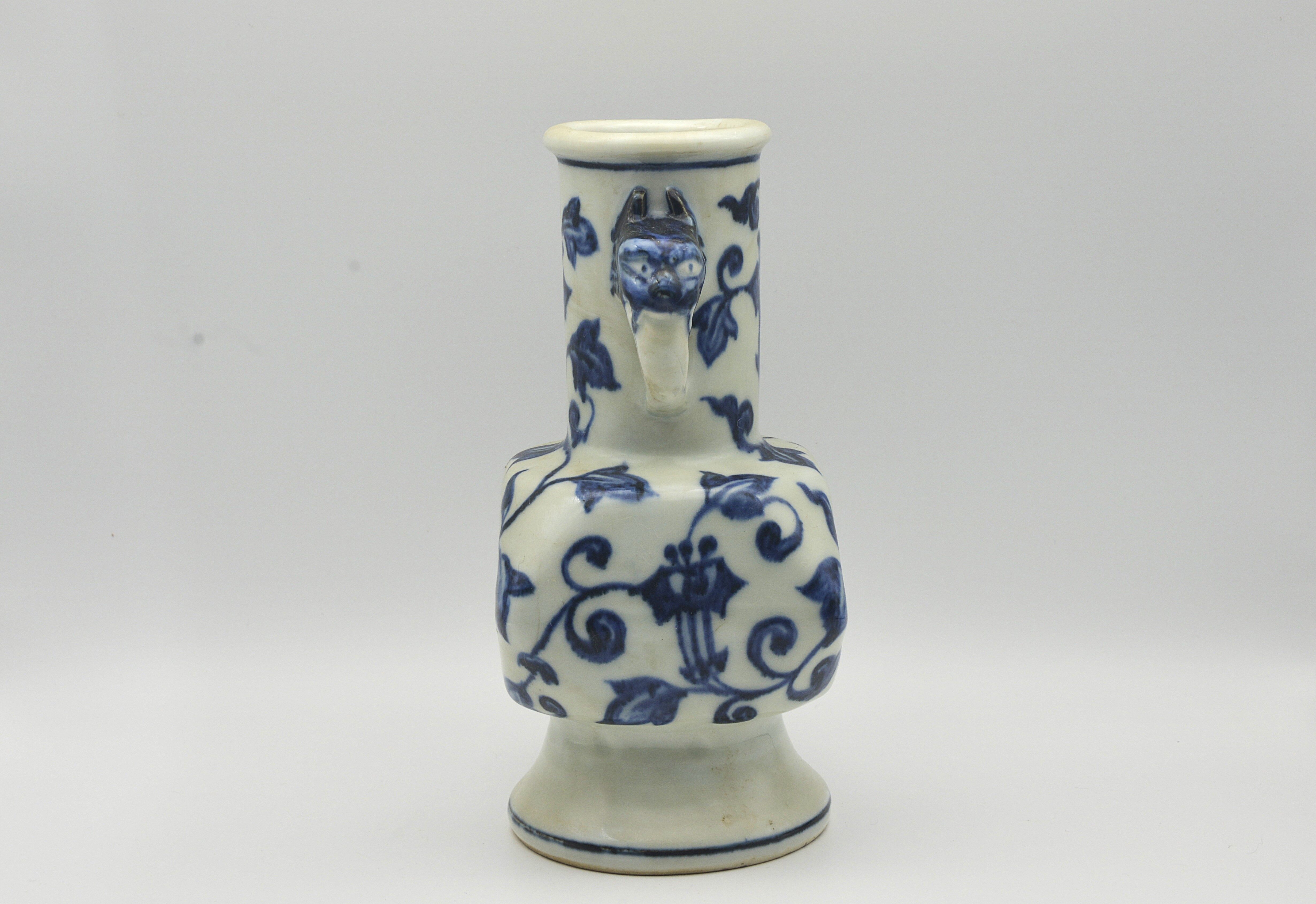 Ming Xuande Mark Blue and White Flower-Vase with Beast-Handle Ears 19×9×8.5×6cm - 4
