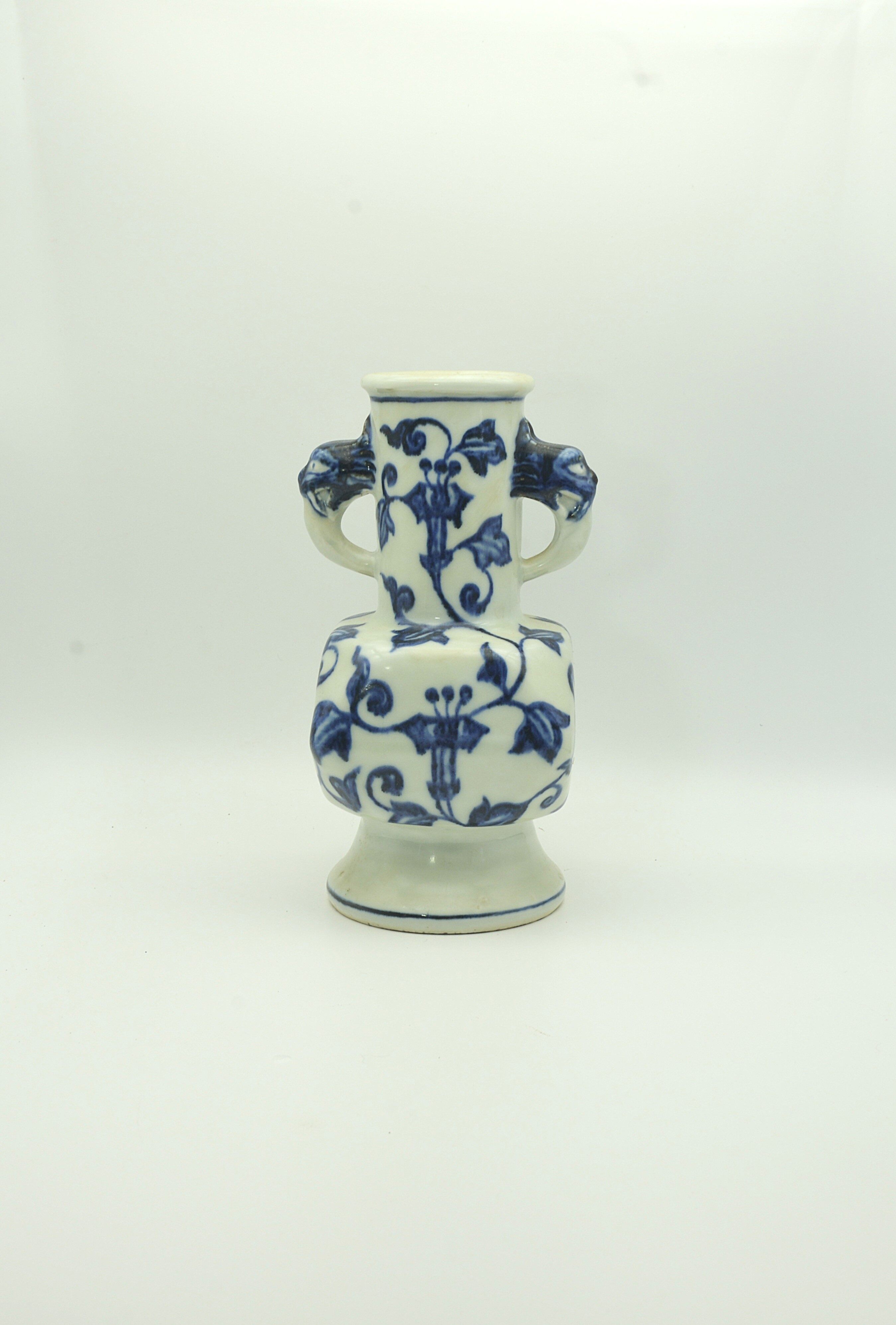 Ming Xuan De Period Blue and White Vase with Beast Handles and Interlaced Floral Motif 19×9×8.5×6cm