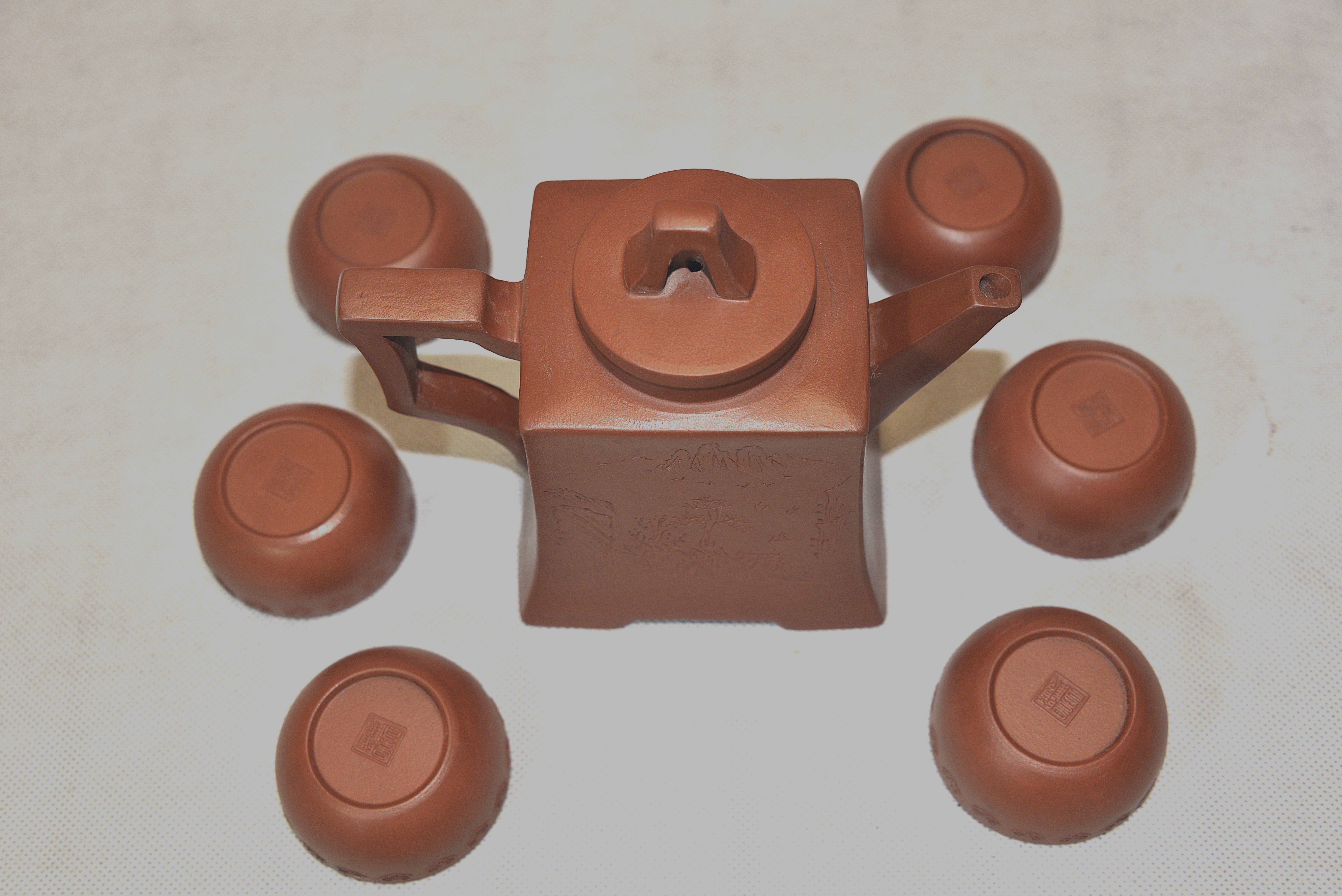 Gu Jingzhou Style Square Poetic Landscape Zisha Teapot Set (1 Pot, 6 Cups) Pot 13.5×16×5.5×10 cm × Cup 3×6×3.5 cm - 2