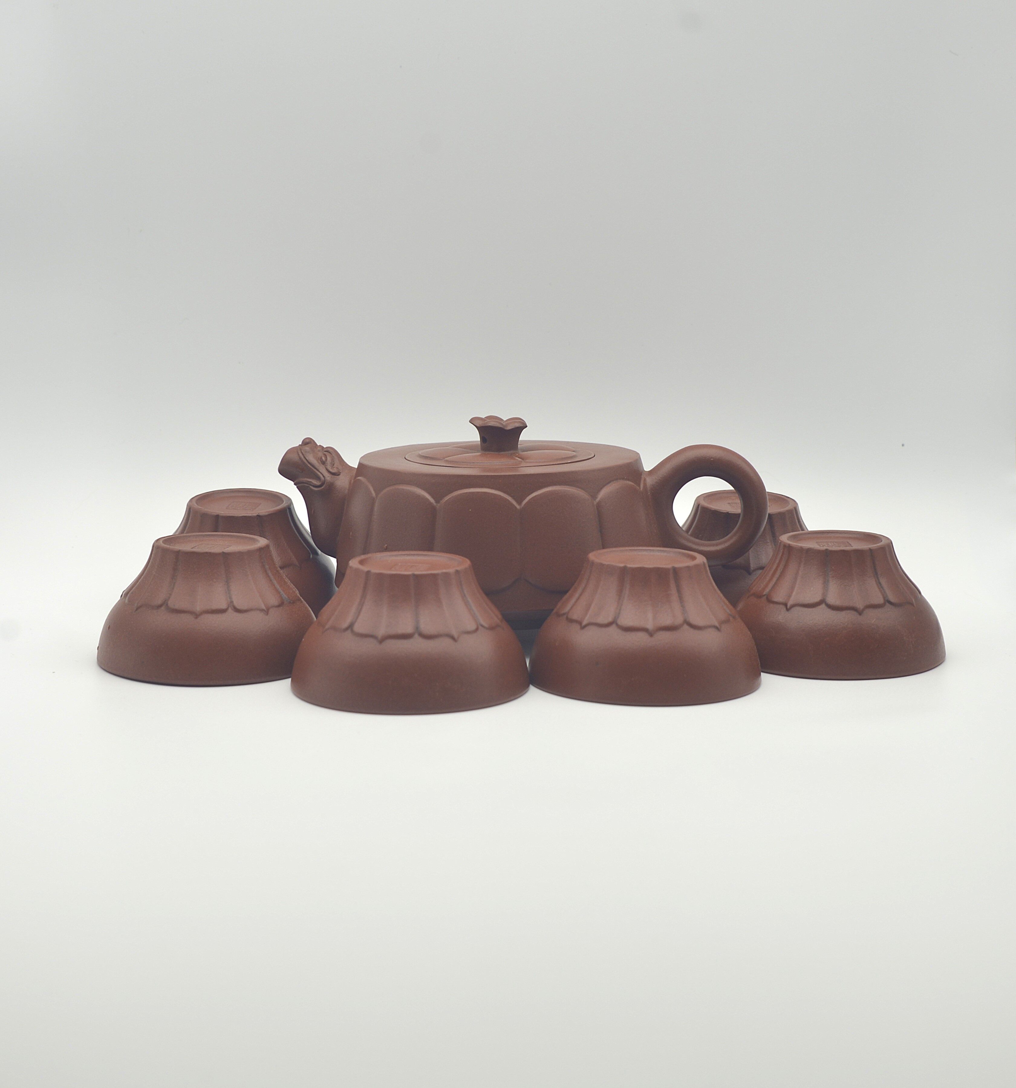 Gu Jingzhou Style Dragon-Spout Plum Blossom Purple Clay Teapot Set (One Pot, Six Cups) Pot 7×16×6×7.5cm; Cup 4×6.8×3.5cm