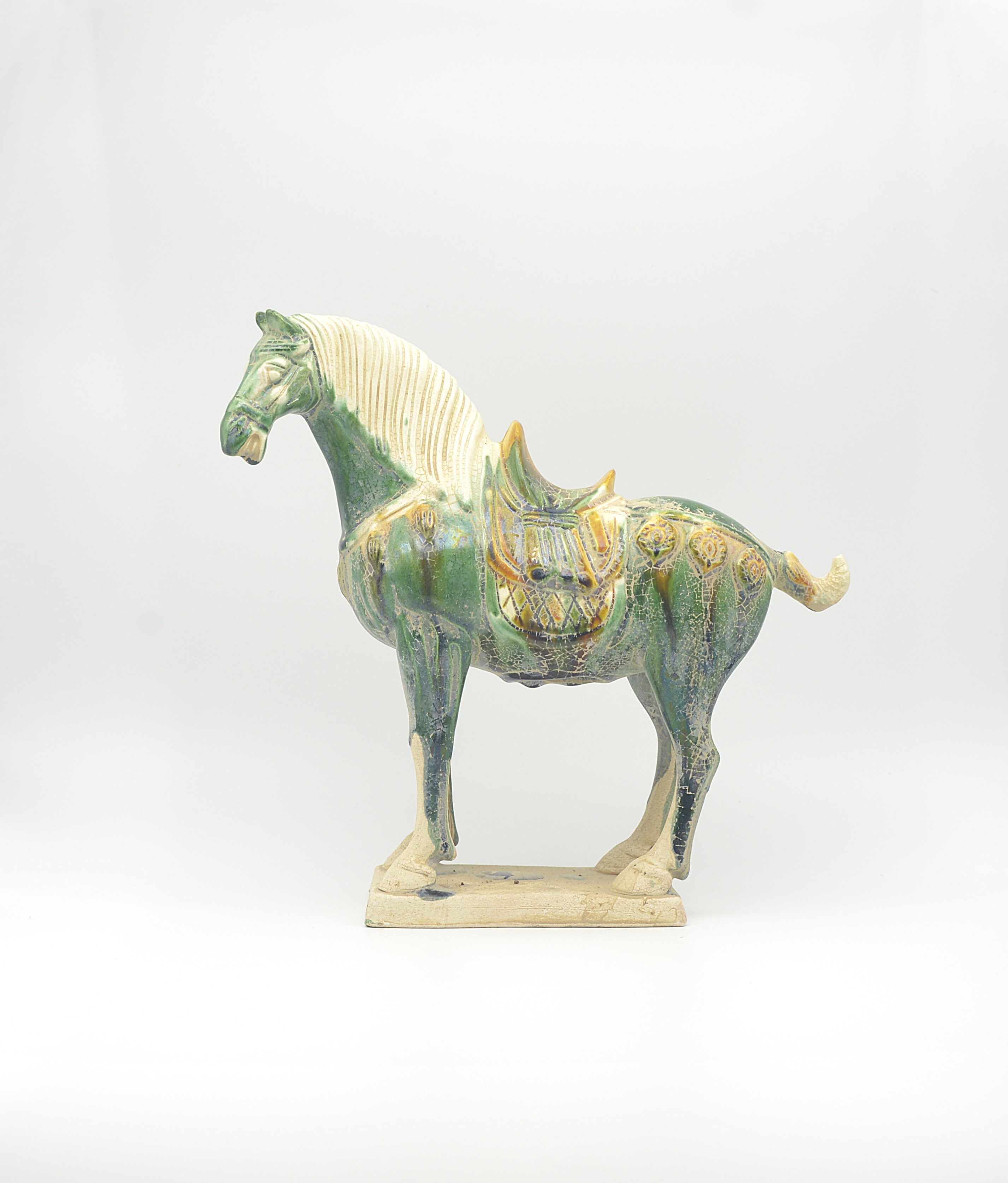 Tang Sancai Green-glazed Saddle Horse with Ornament 21×20×7.5 cm