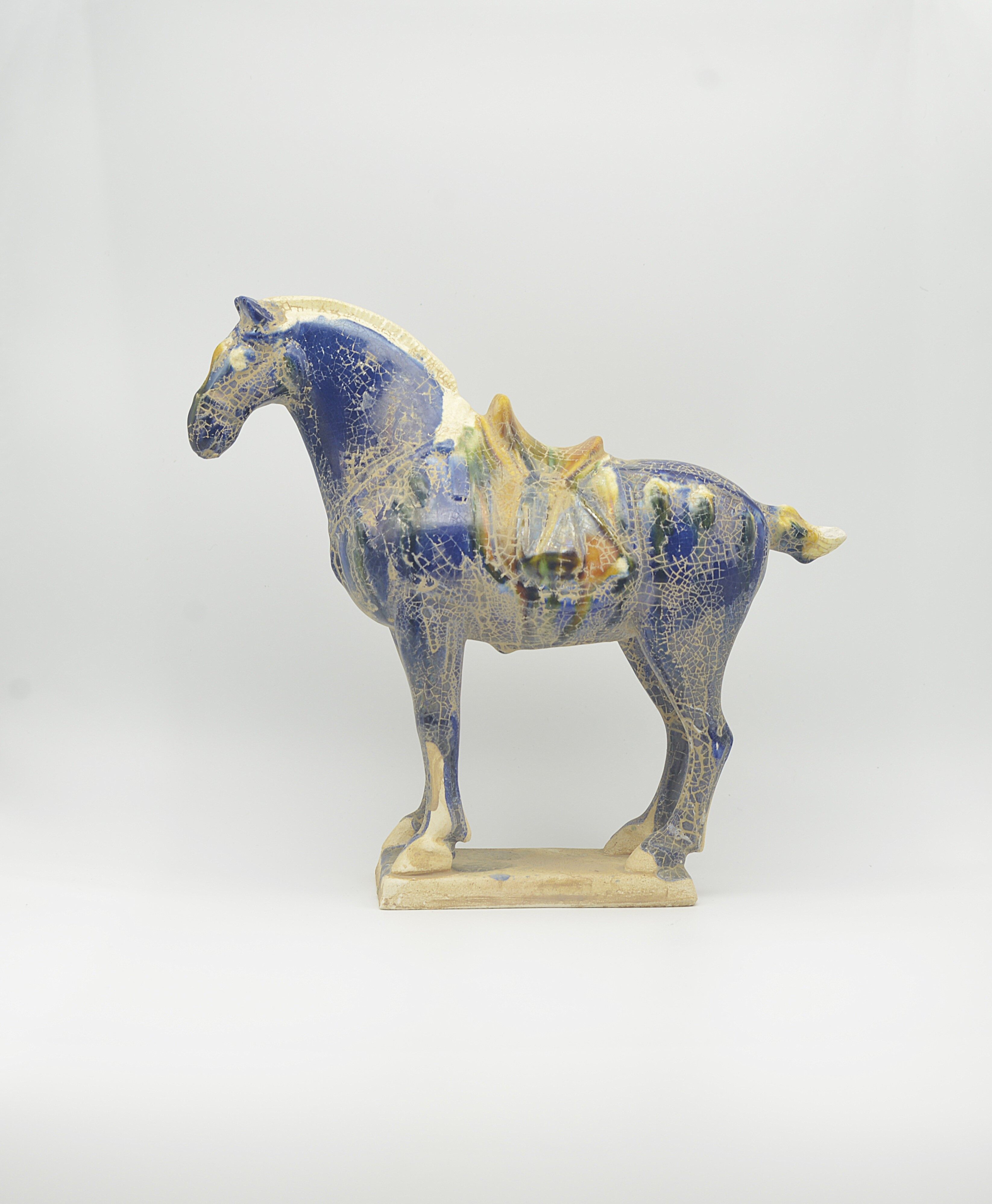Tang Sancai Blue-glazed Saddle Horse Terracotta Figurine 23×21×8cm