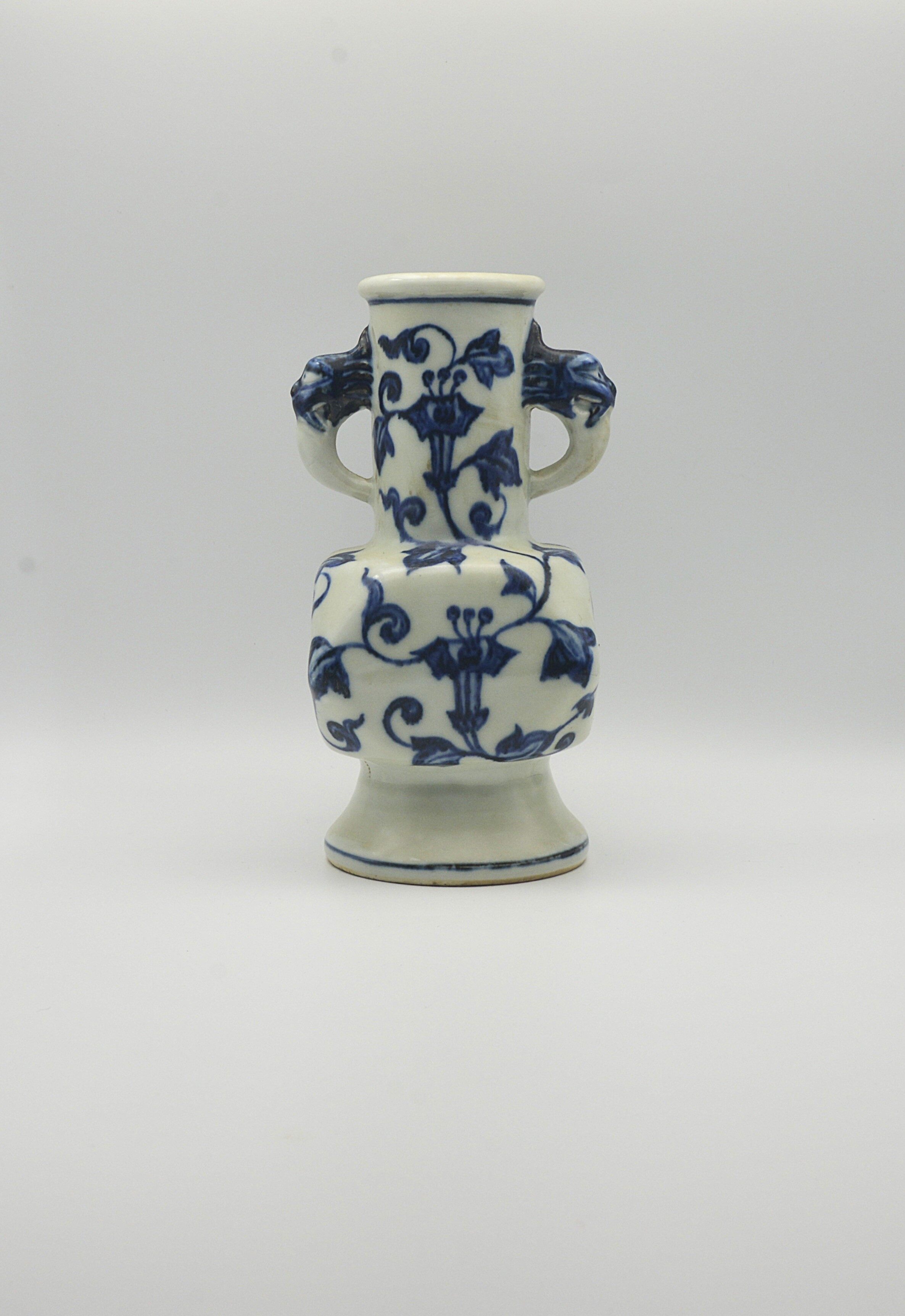 Ming Xuande Mark Blue and White Flower-Vase with Beast-Handle Ears 19×9×8.5×6cm - 2