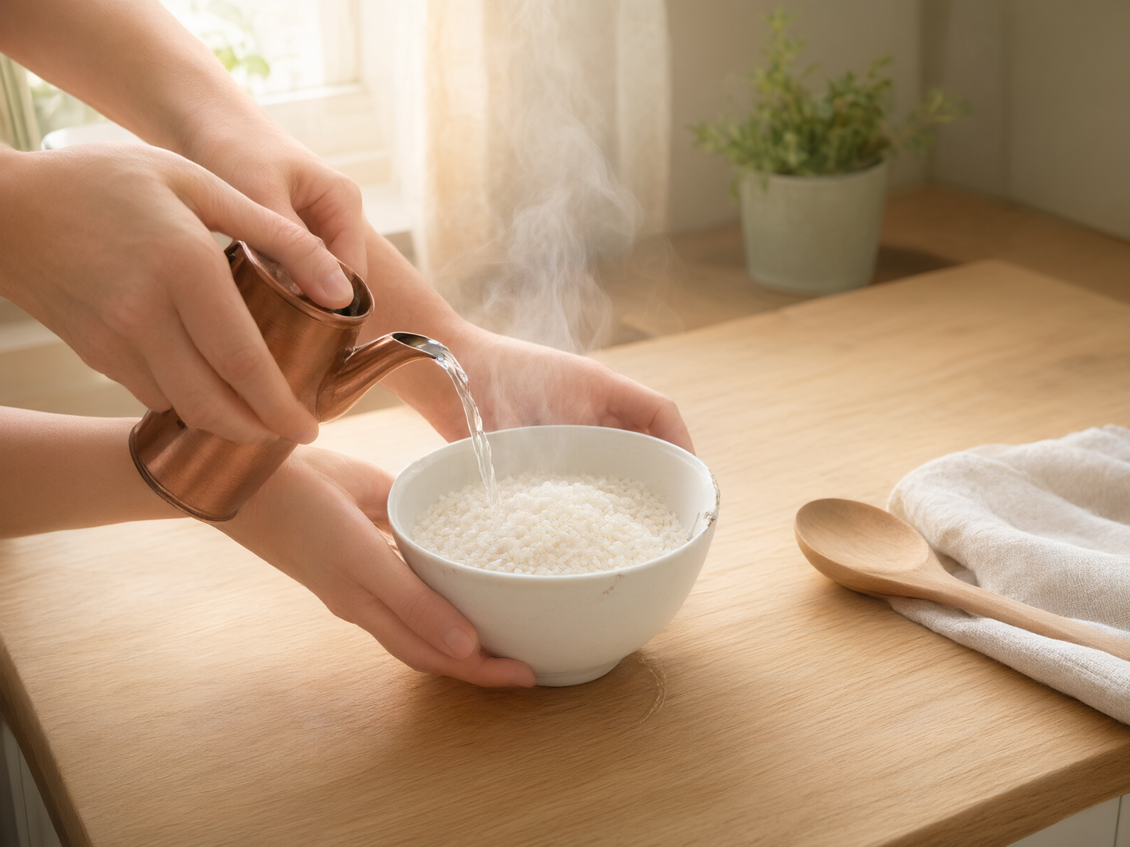Hands preparing konjac dry rice