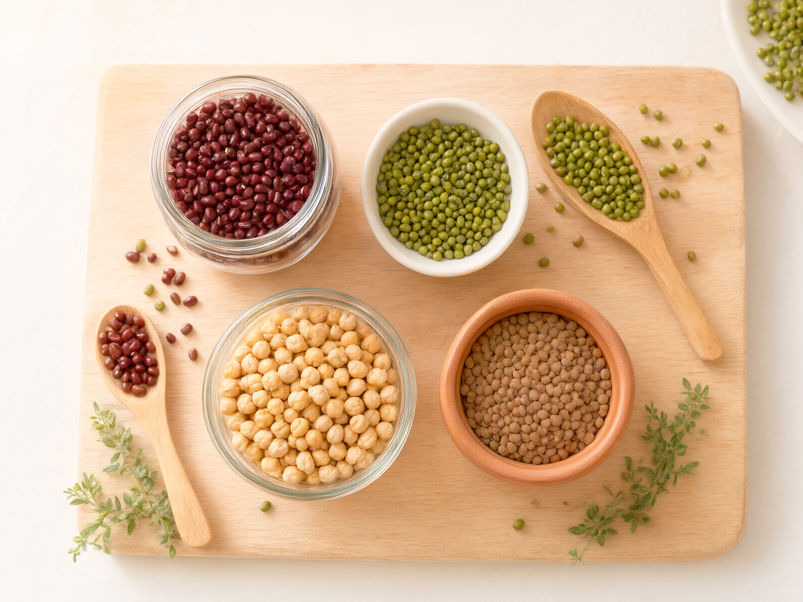 Legume ingredients: red beans, mung beans, chickpeas, lentils