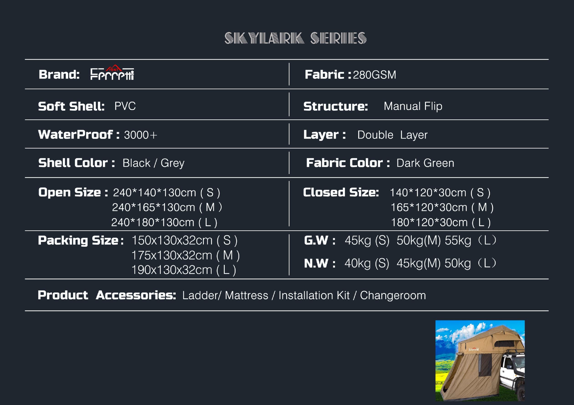 Skylark Soft Roof Top Tent Three Size Model 4