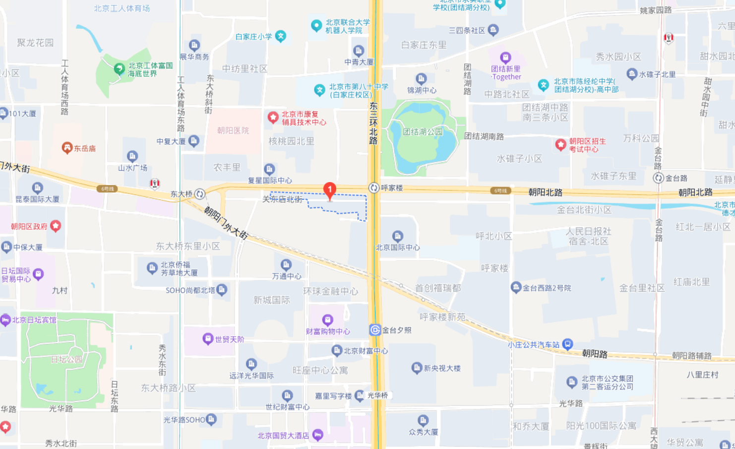 北京市朝阳区关东店北街房源位置地图，标注呼家楼地铁站、八十中学、国贸商城等周边配套