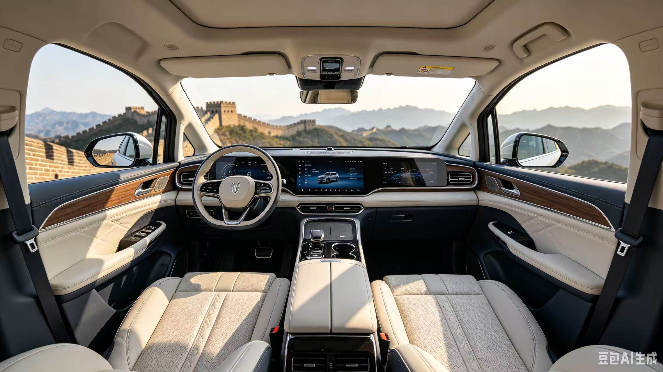 Spacious smart cabin of the reception SUV with panoramic screens