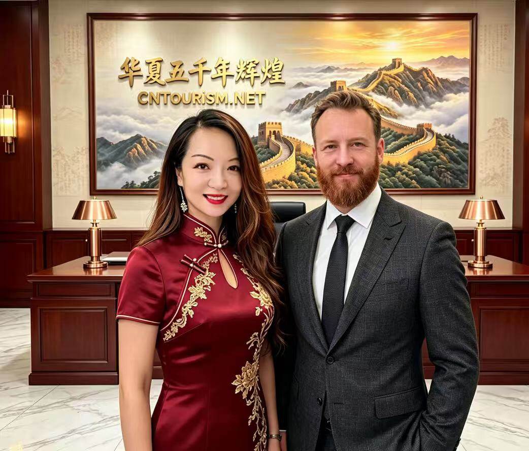 Partners in an elegant business office with the Great Wall painting backdrop