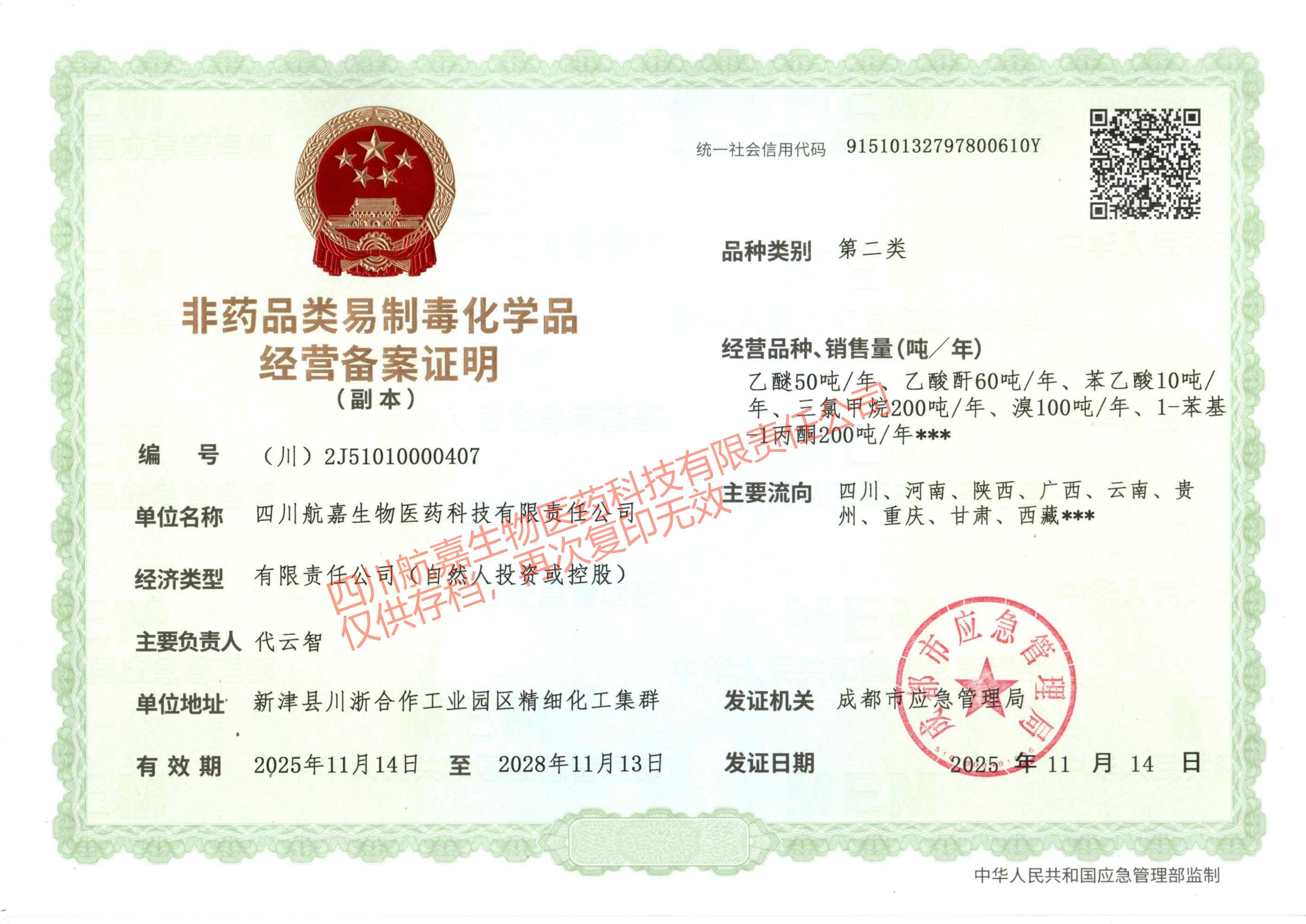 Certificate of Filing for Operation of Non-drug Precursor Chemicals (Category II)