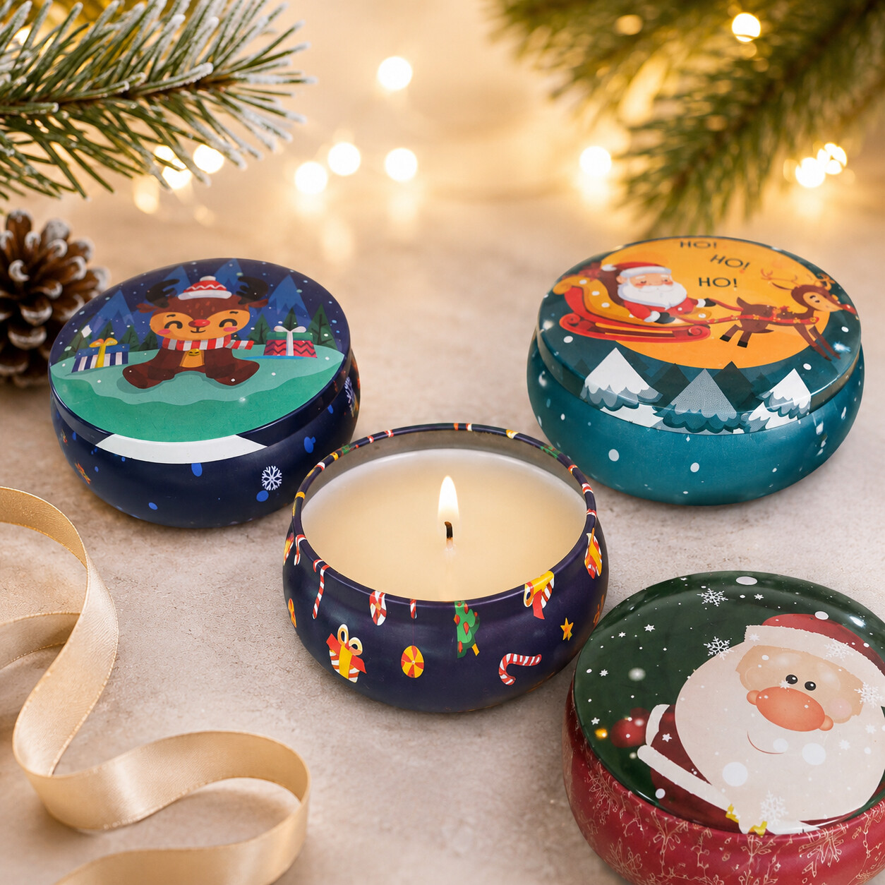 4-Piece Soy Wax Metal Tin Candle Gift Set with Dried Flowers