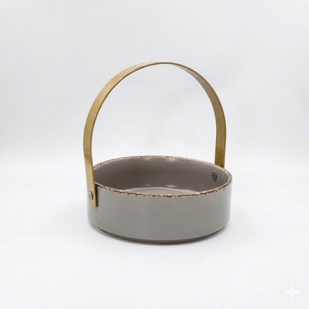 Grey Round Tray with Gold Handle