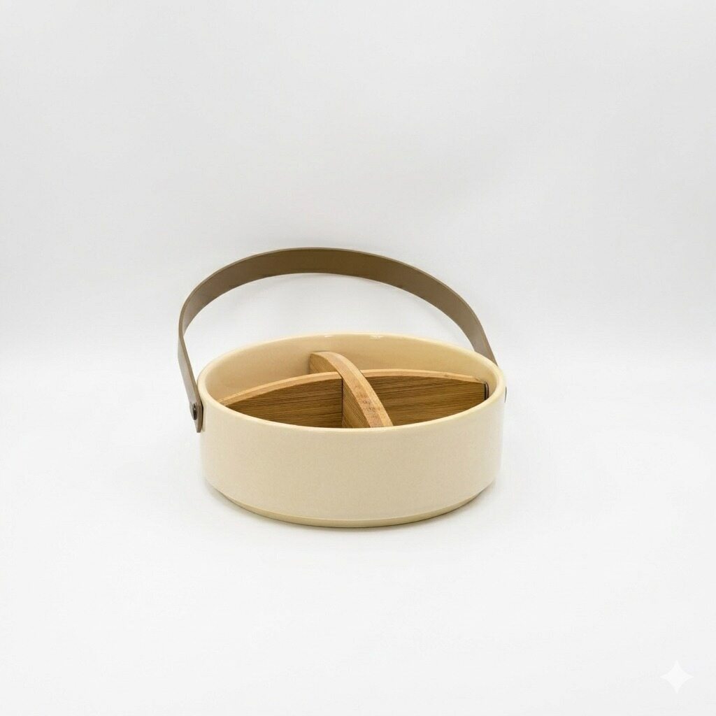 Beige Round Tray with Gold Handle