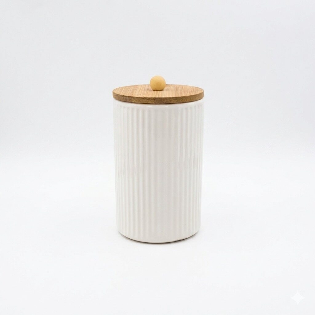 Beige Small Ribbed Jar with Leather Loop