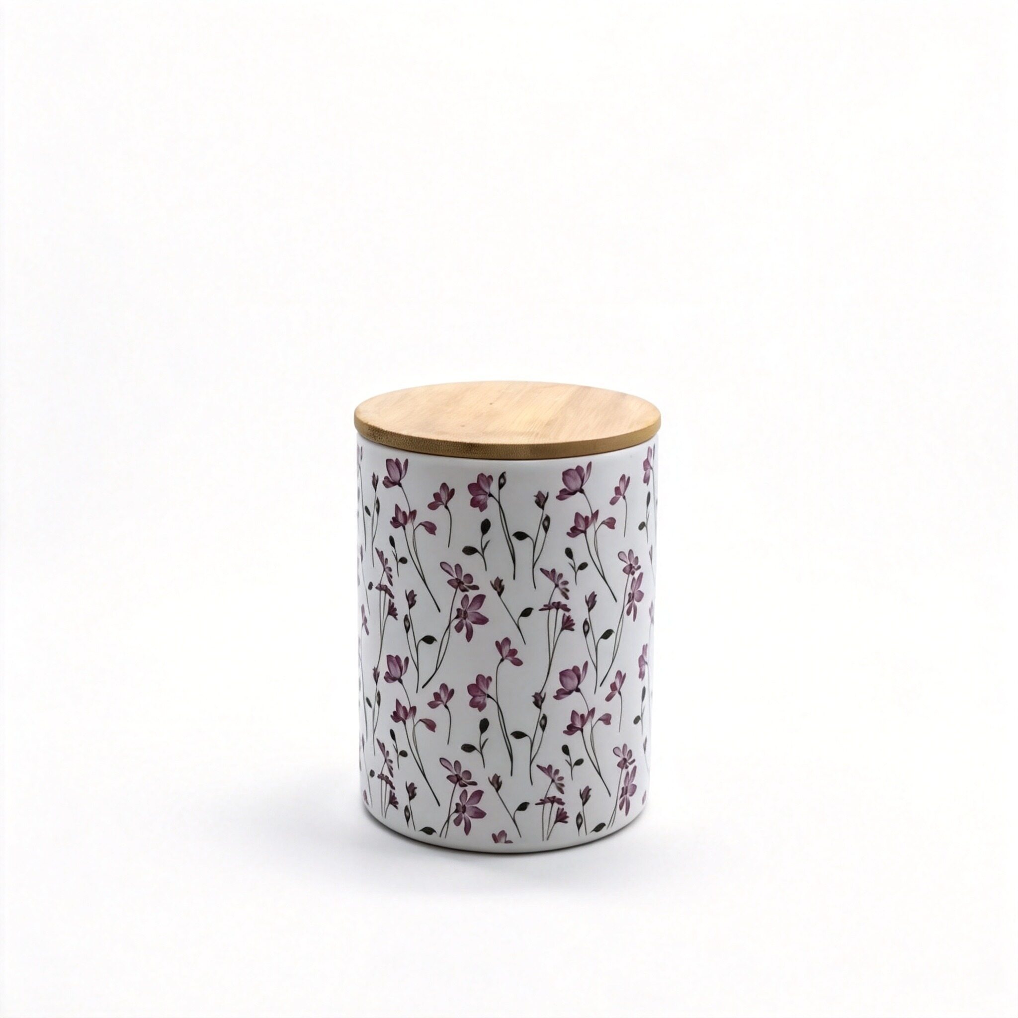 White Small-Floral Jar with Wooden Lid
