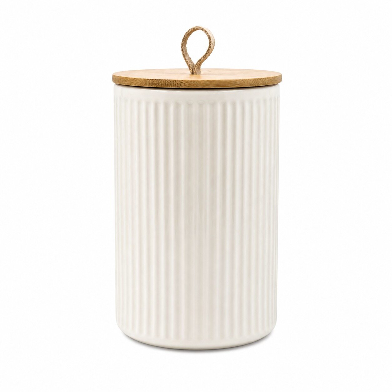 Beige Ribbed Jar with Leather Loop