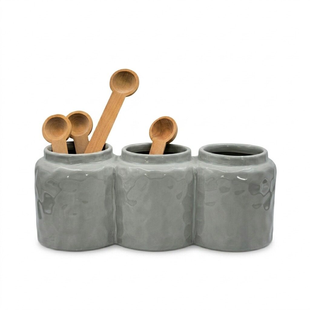 Grey 3-Section Condiment Jar with Spoons