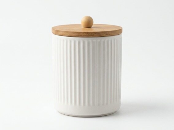 Beige Ribbed Jar with Wooden Lid