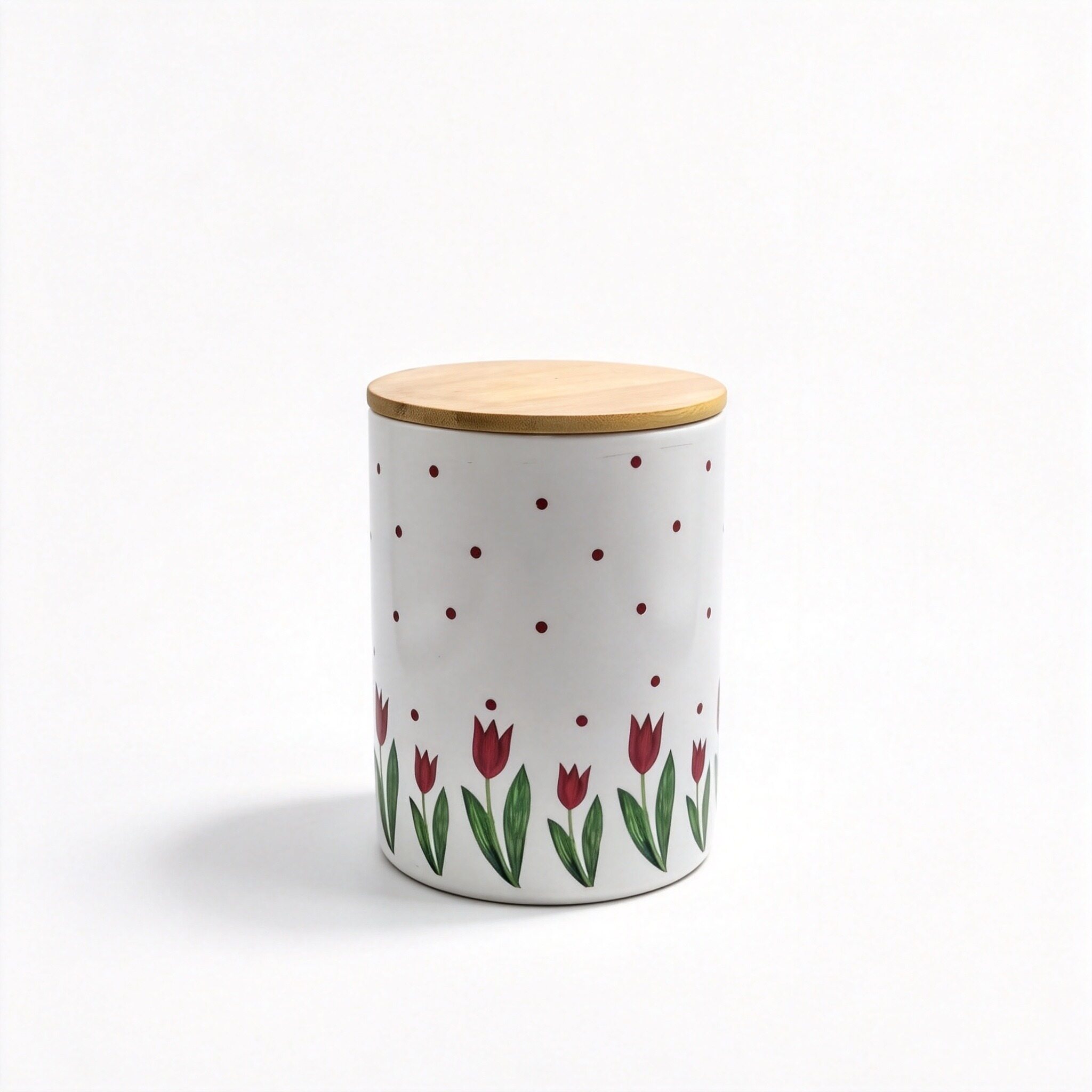 White Tulip-Pattern Jar with Wooden Lid
