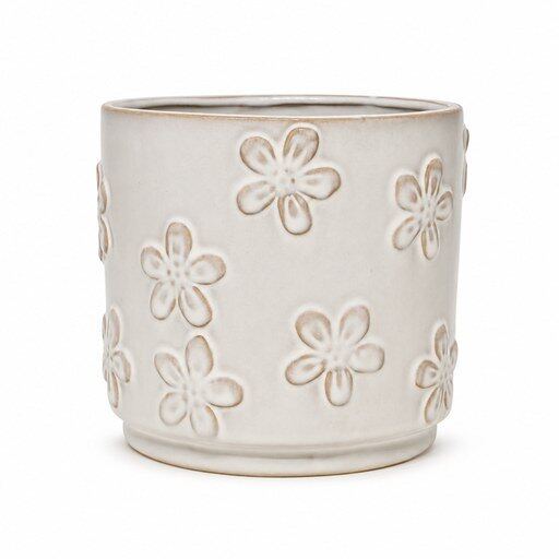 Relief Floral Cylindrical Ceramic Planter